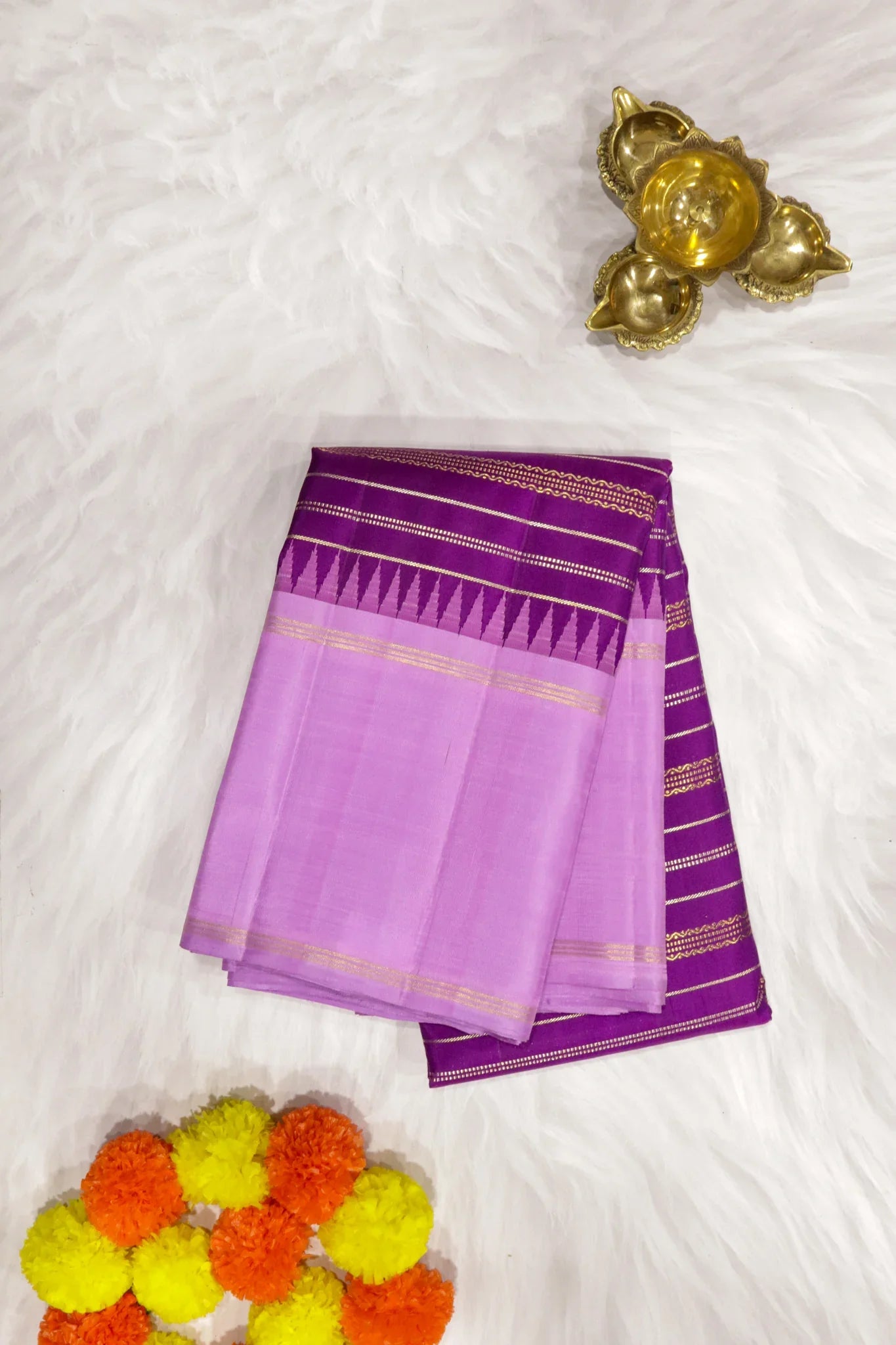 Purple Kanchipuram Silk Saree with Gold & Silver Zari Stripes and Contrast Silk Border | Mokshaa