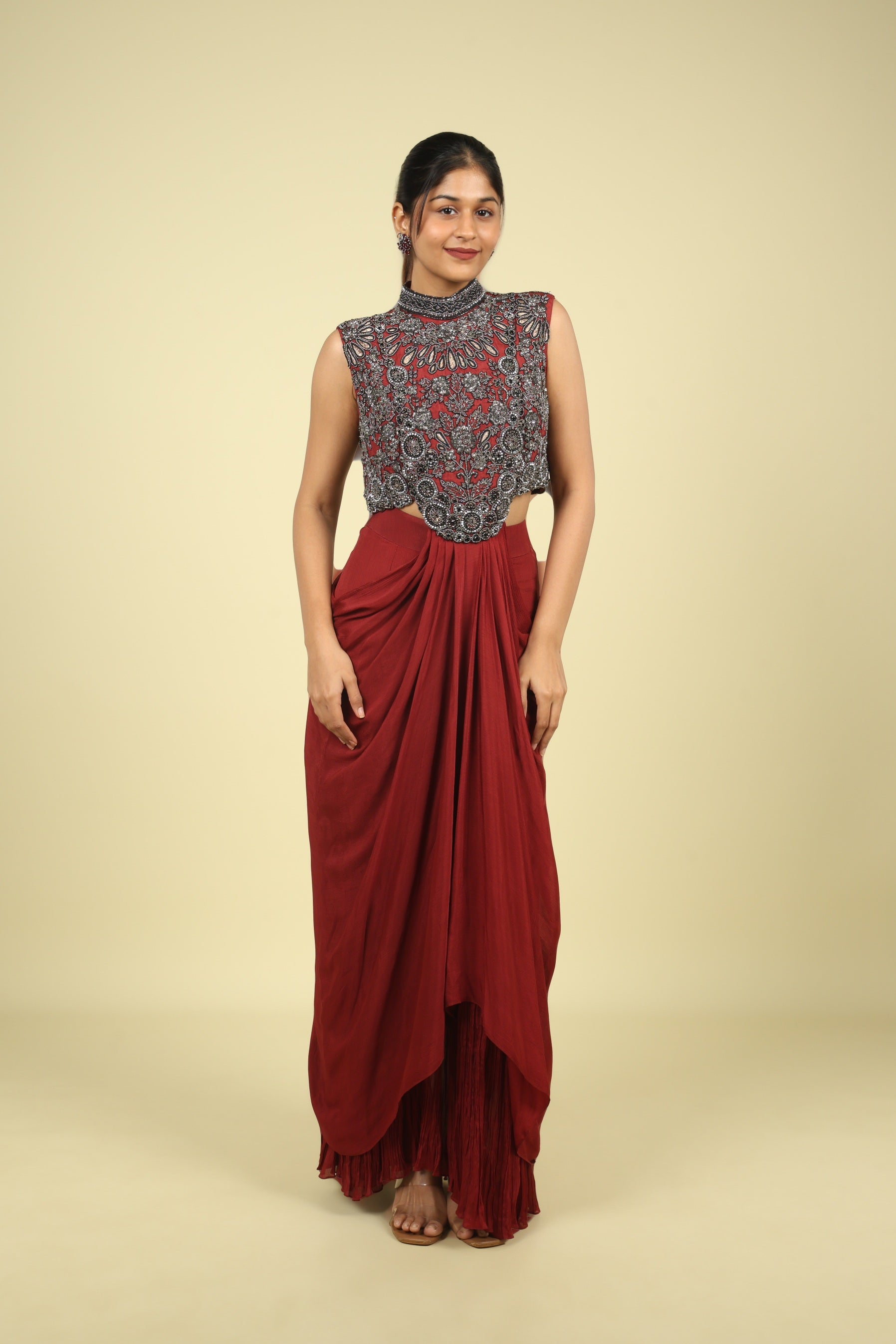 Maroon Draped Indo-Western Silk Set with Metallic & Thread Embroidery - Mokshaa