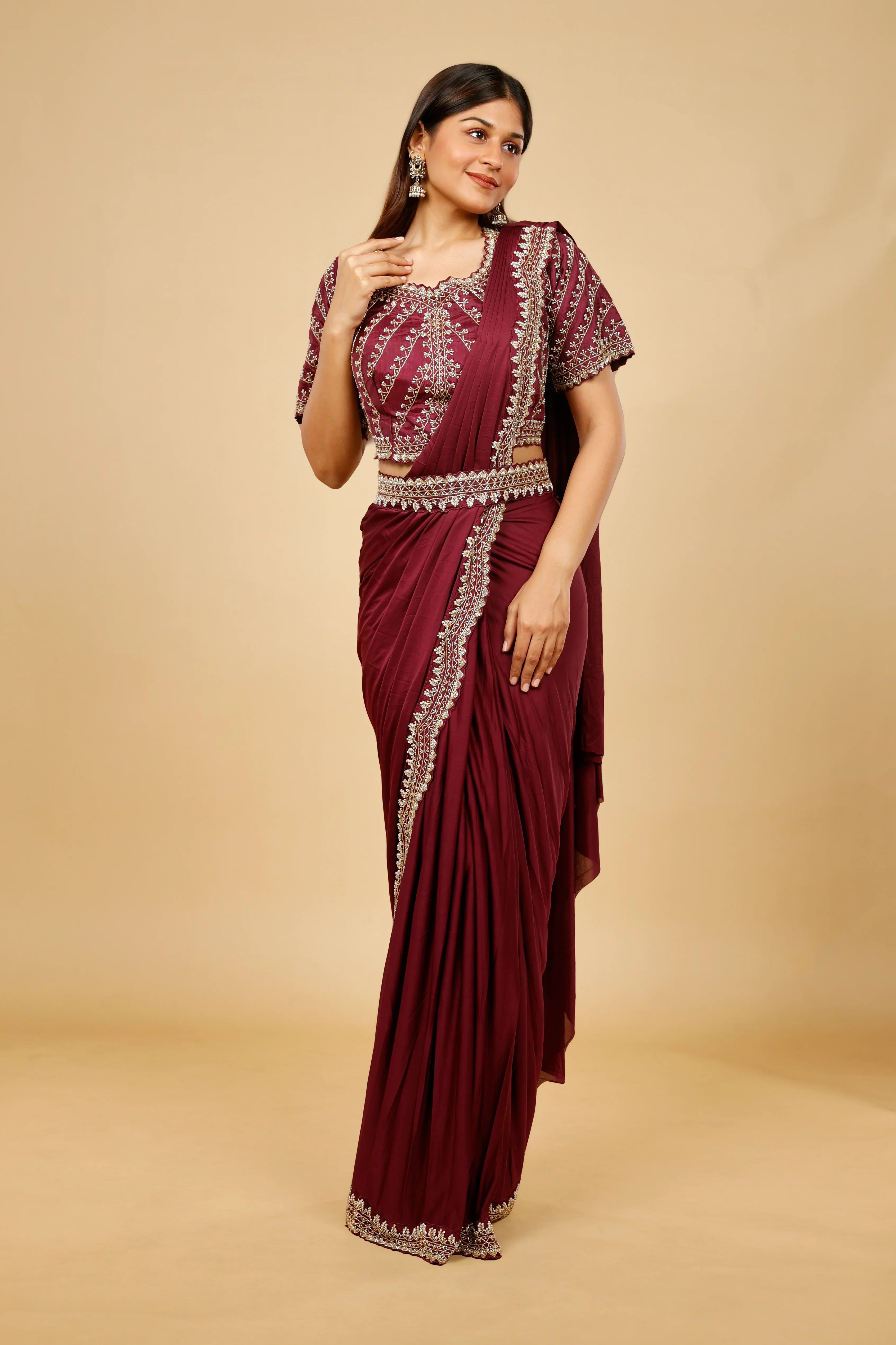 Maroon Satin Lycra Drape Saree with Pearl & Cutdana Embroidery | Mokshaa