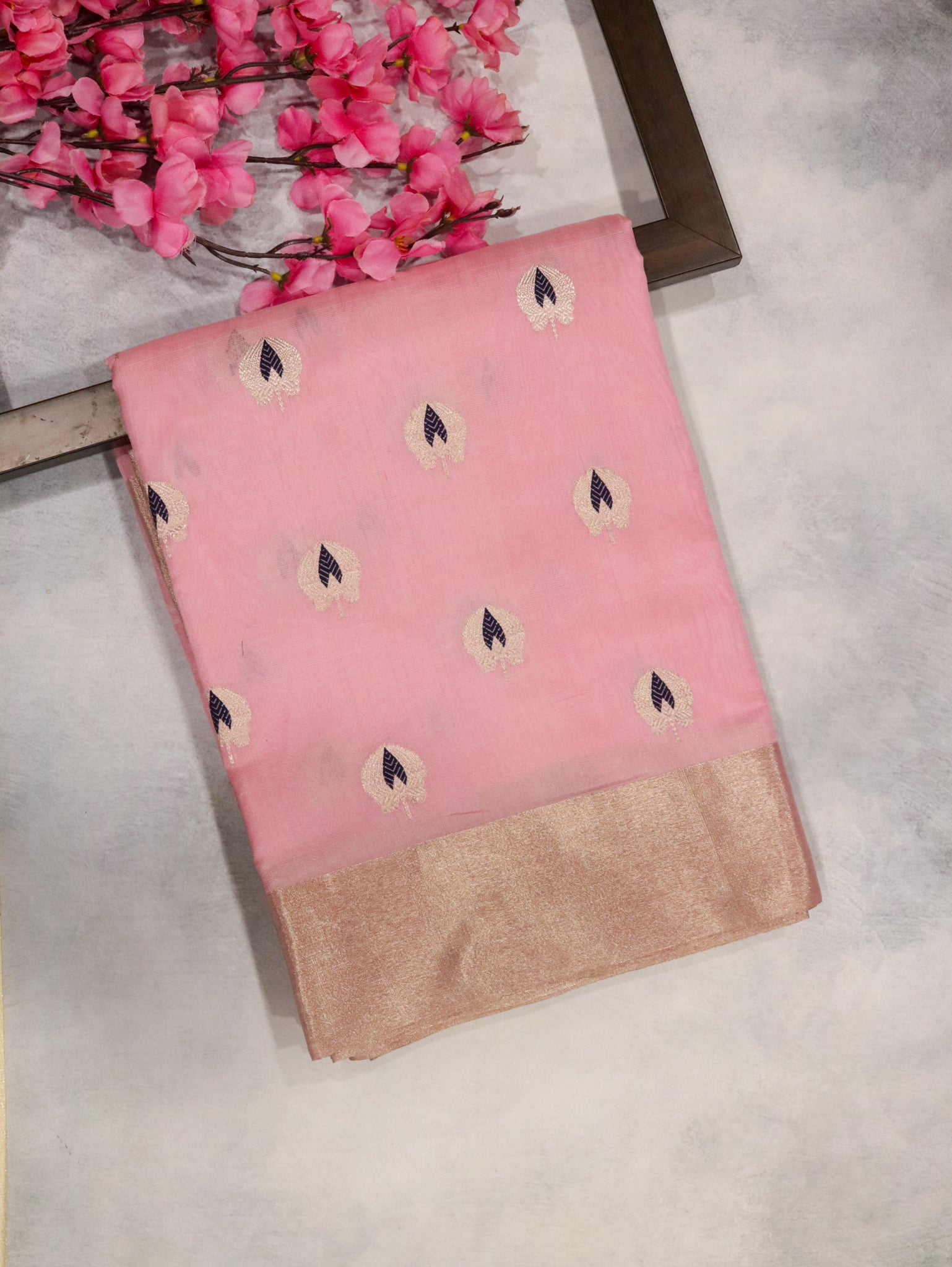 Baby Pink Banarasi Chanderi Silk Saree with Silver & Thread Motifs