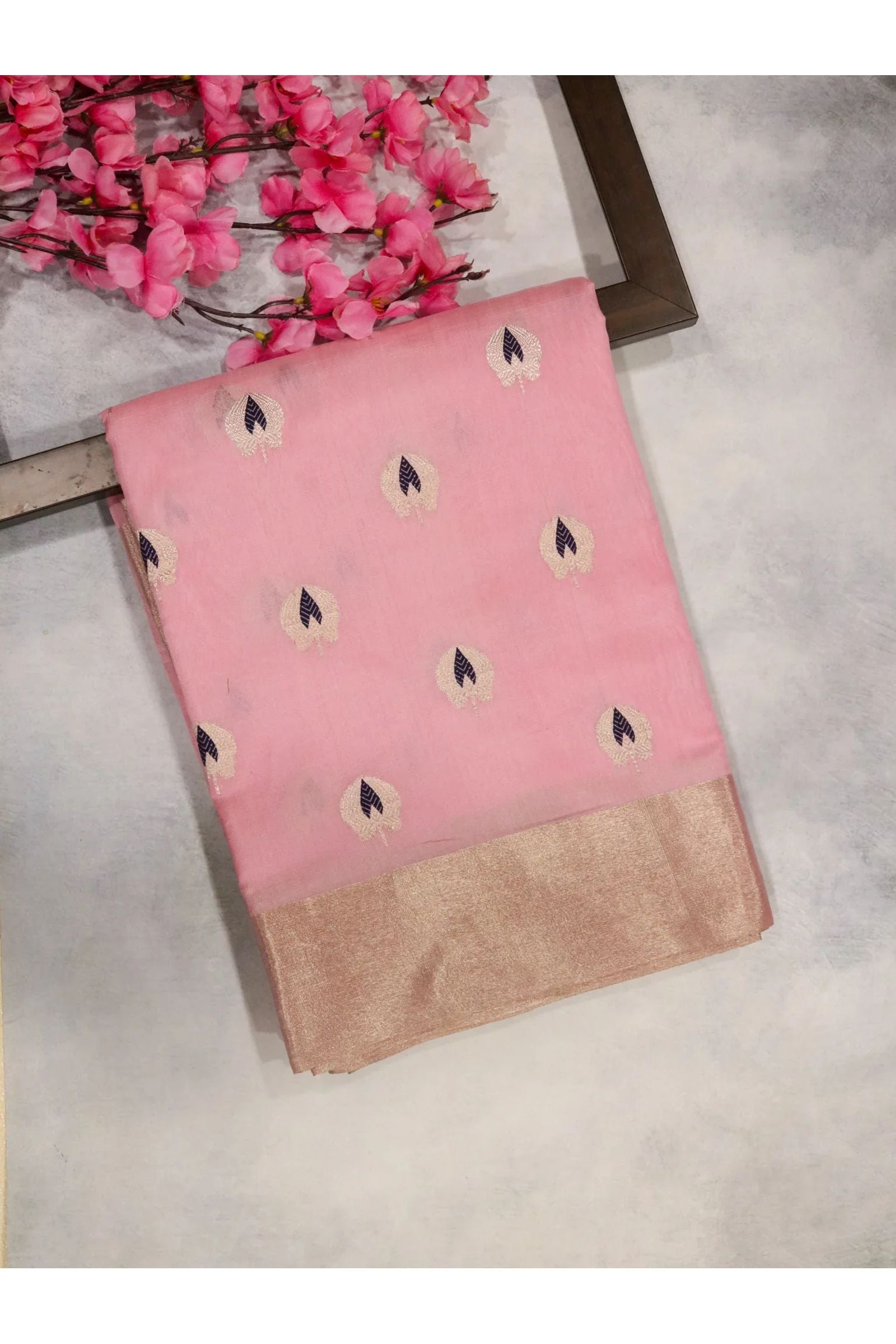 Baby Pink Banarasi Chanderi Silk Saree with Silver & Thread Motifs - Mokshaa