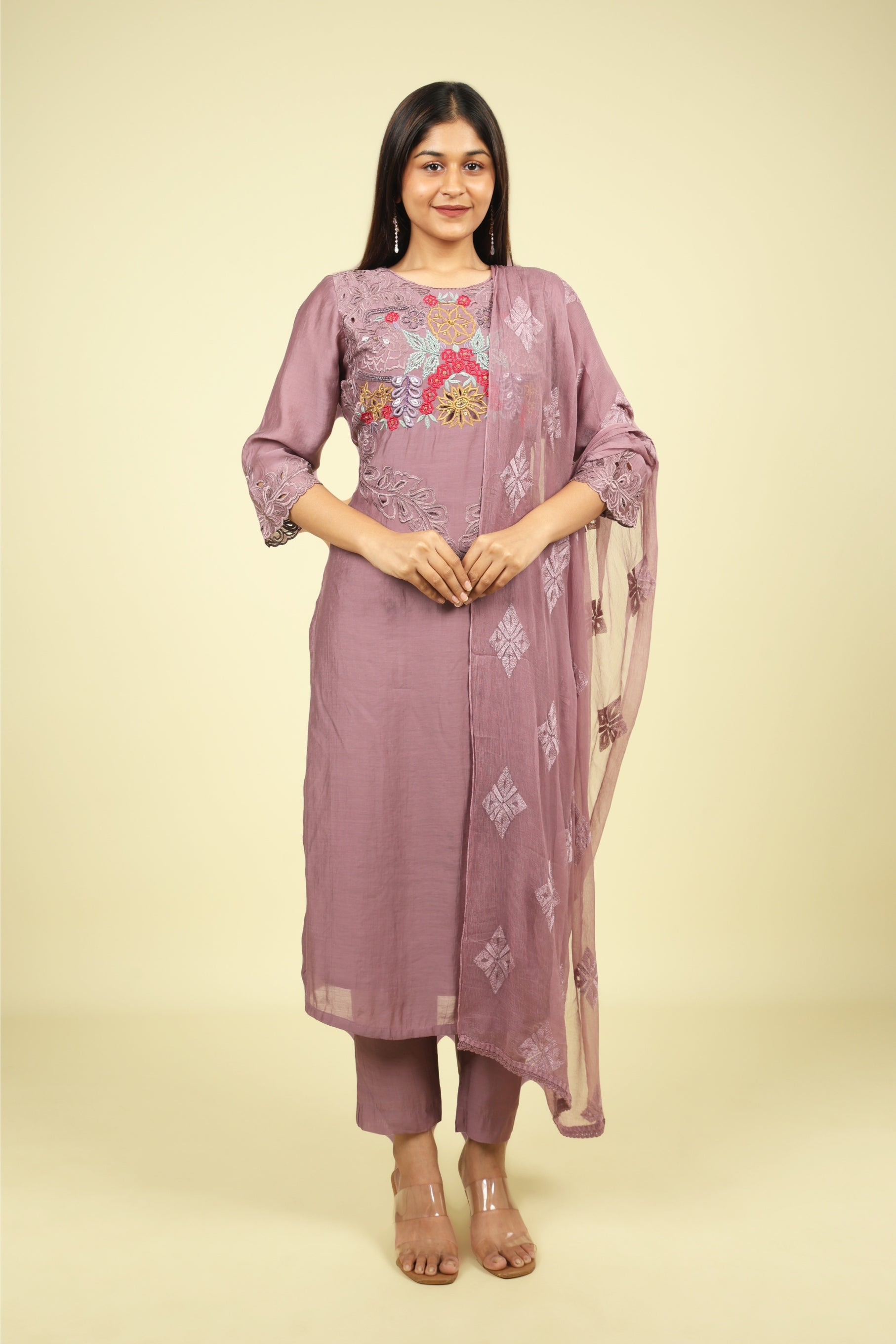 Dark Lavender Mul Chanderi Embroidered Straight Cut Salwar Suit