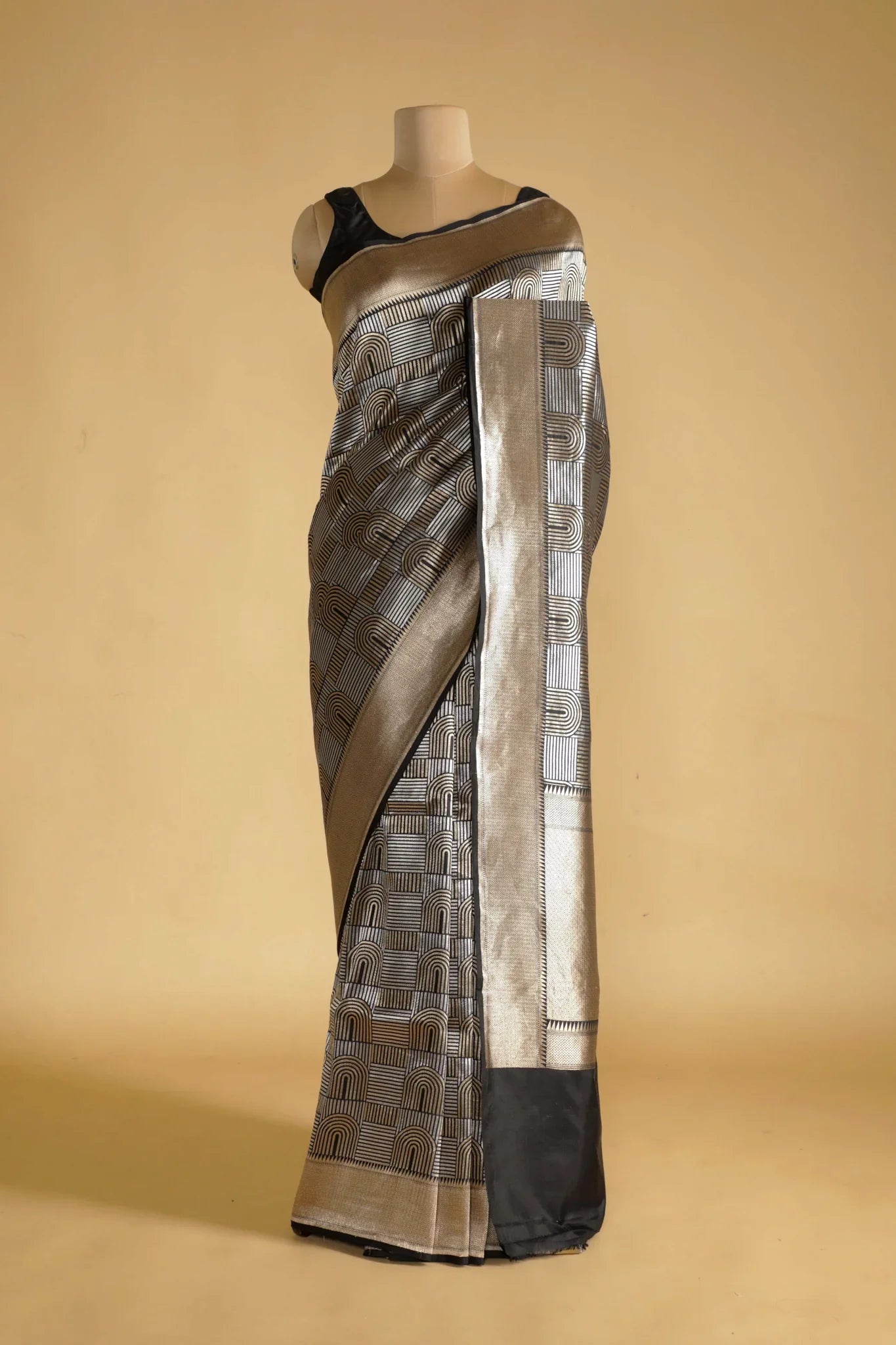 Black Banarasi Silk Saree with Gold & Silver Zari Box Weaving | Mokshaa