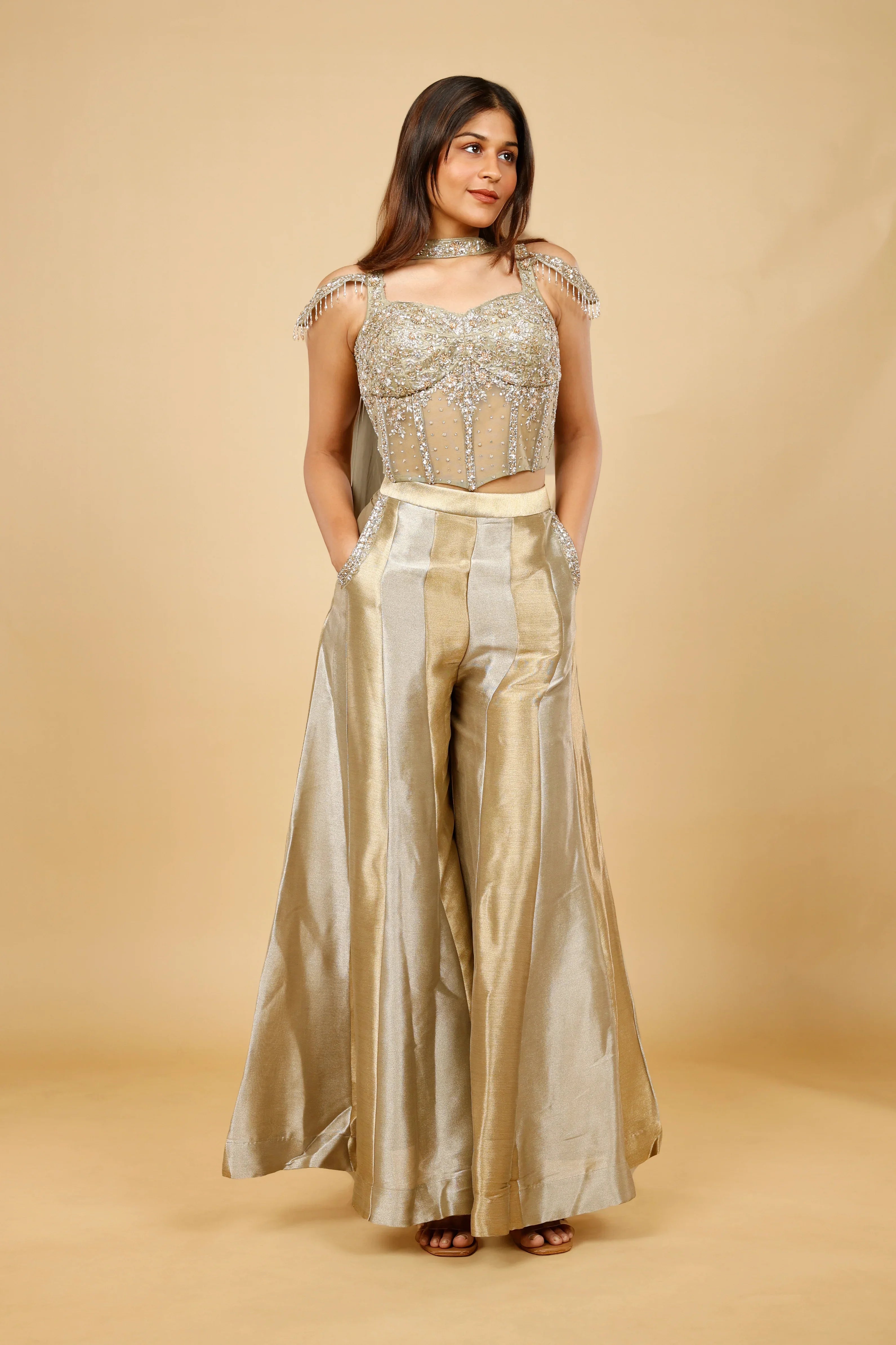 Gold Banarasi Tissue Corset with Palazzo Set | Mokshaa