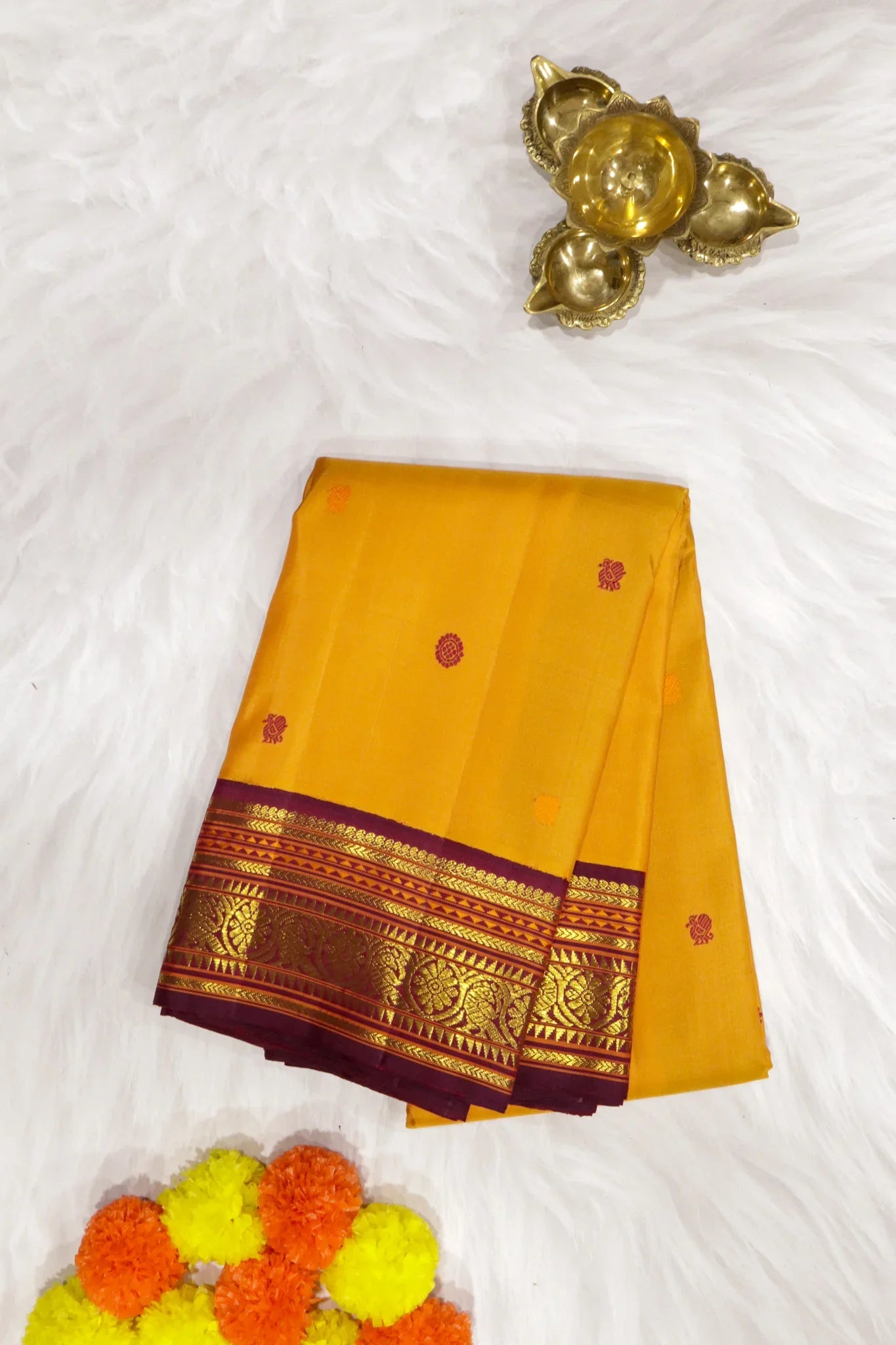 Pastel Orange Kanchipuram Silk Saree with Silk Thread Motifs & Contrast Zari Border | Mokshaa