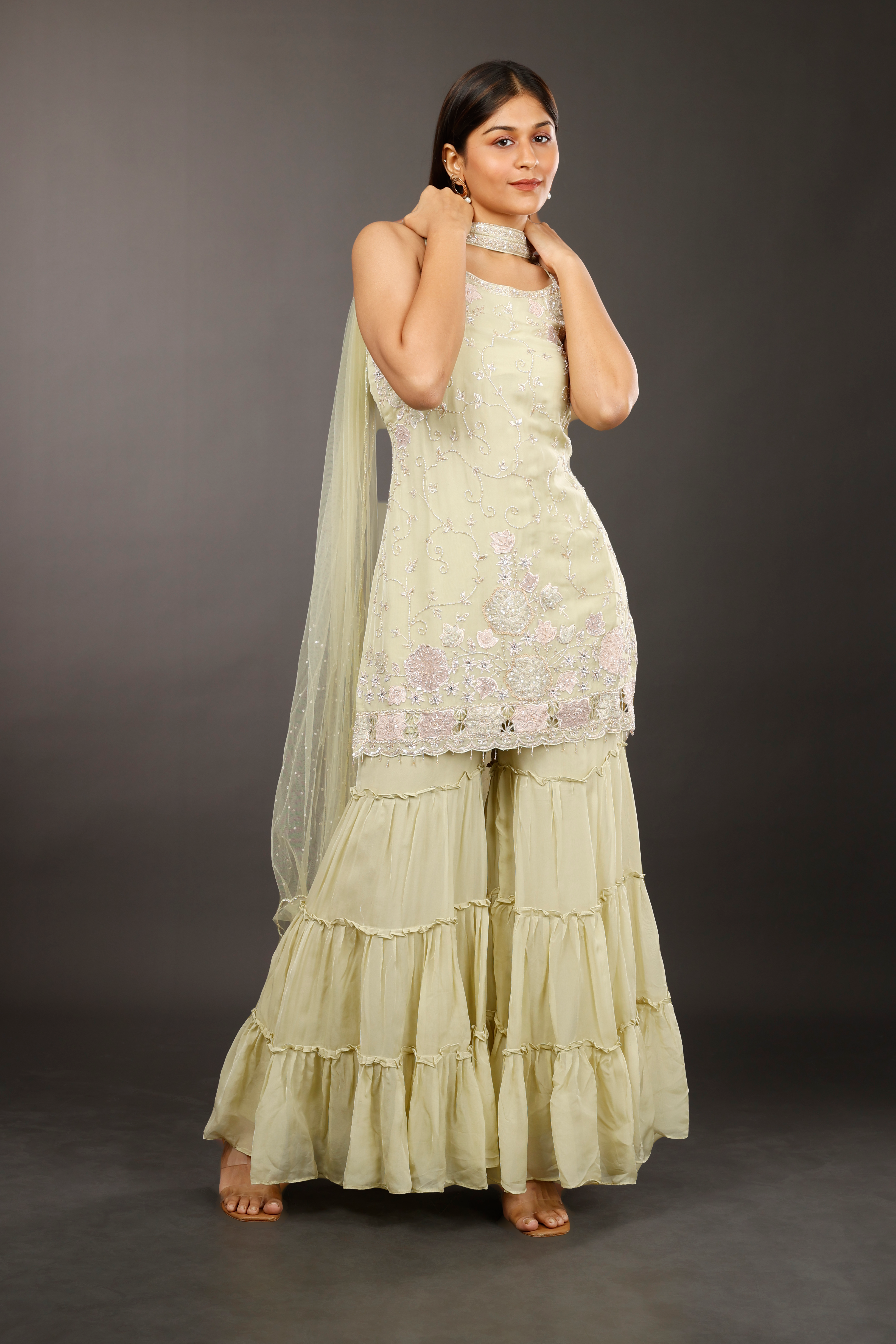Light Green Georgette Sharara Set with Shadow, Zari, Pearl, Cutdana & Sequin Embroidery