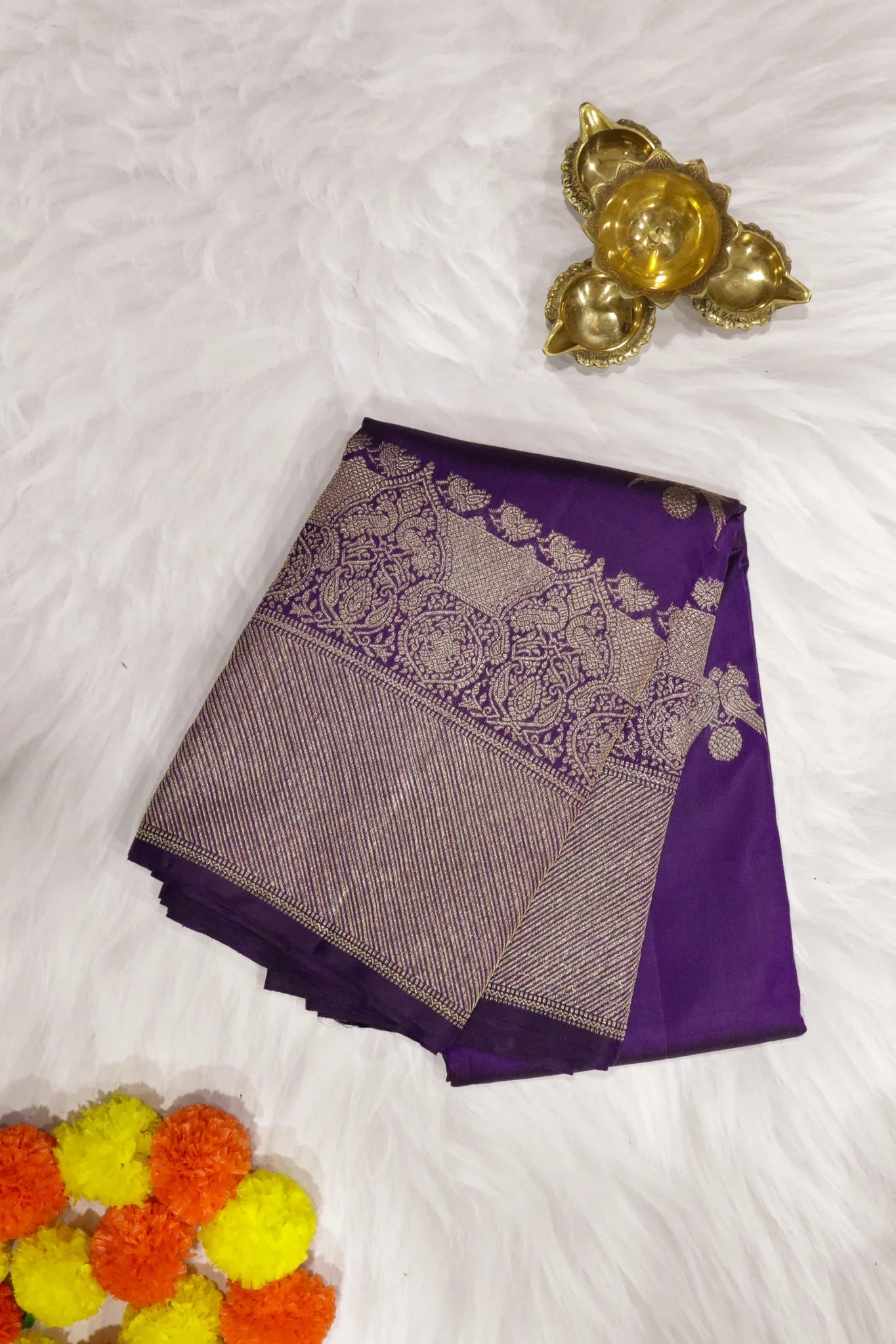 Purple Kanchipuram Silk Saree with Parrot Zari Motifs & Zari Weaving Border | Mokshaa