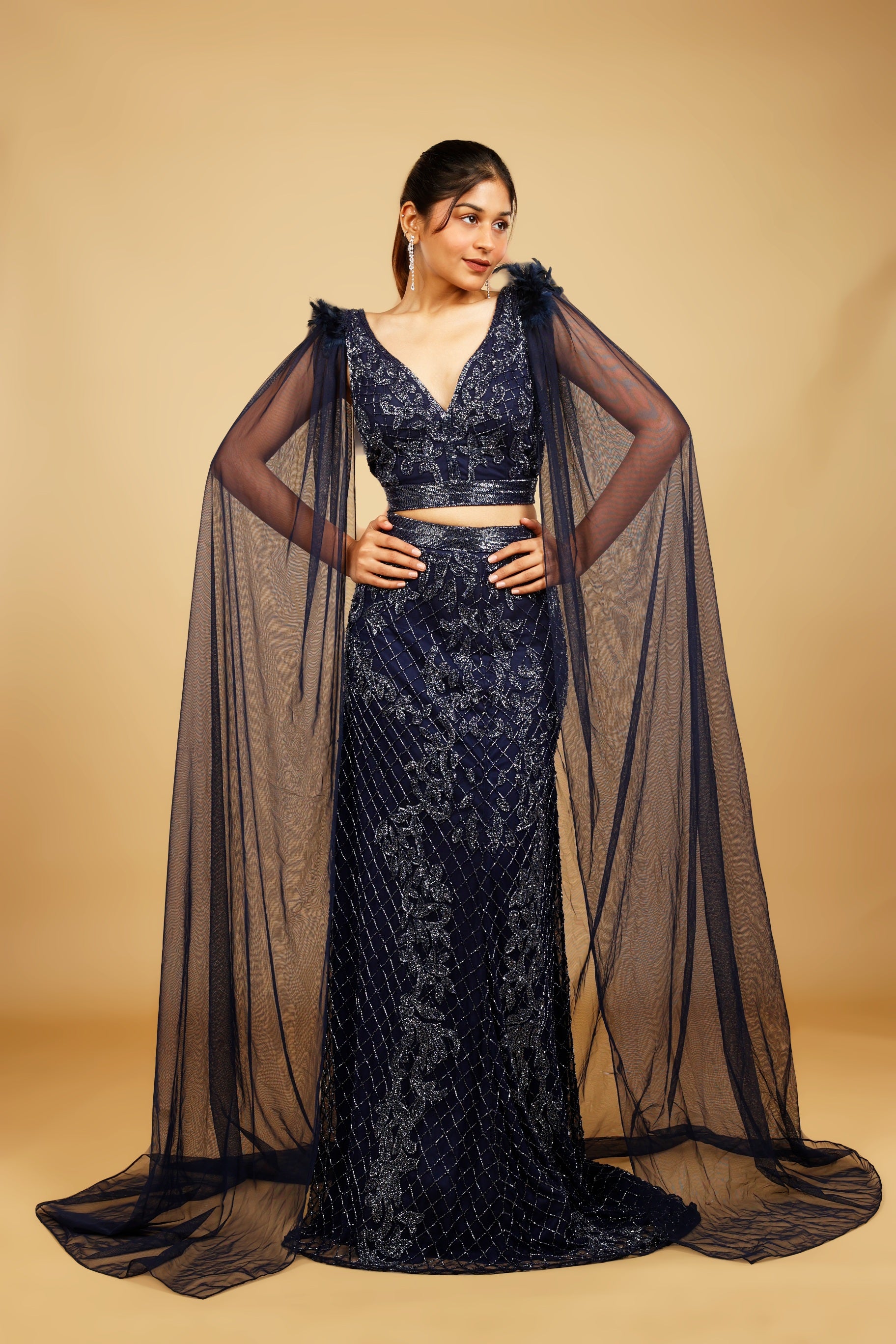 Navy Blue Net Mermaid Skirt Set with Cutdana Embroidery