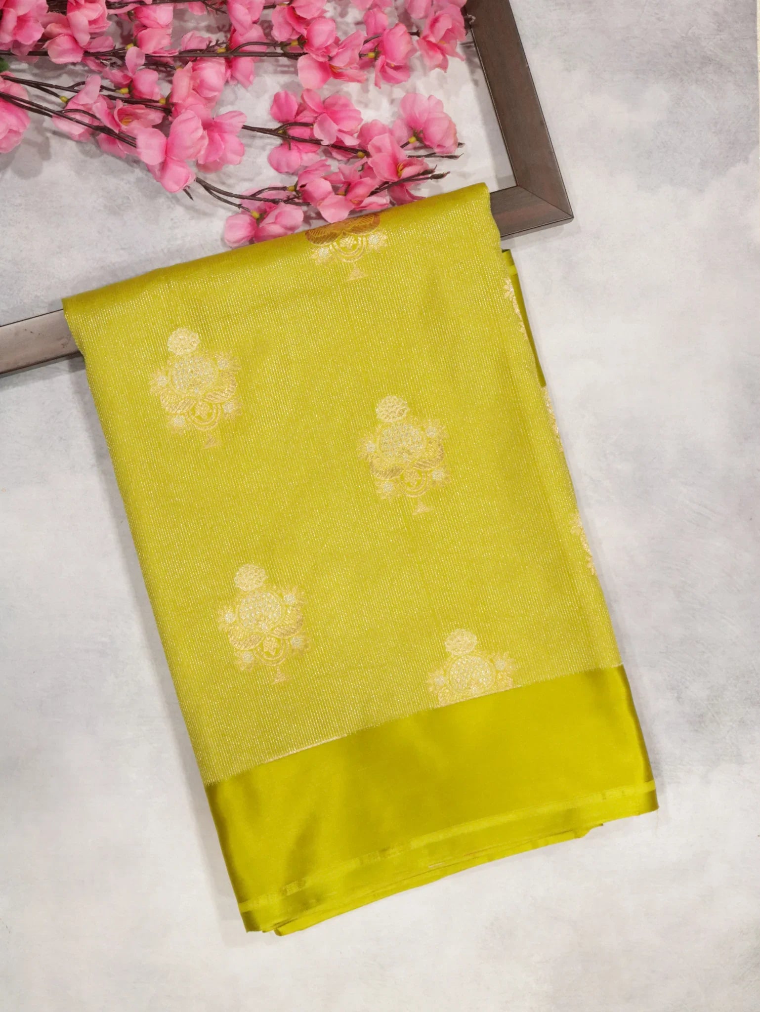 Parrot Green Banarasi Mushroom Silk Saree with Silver Zari Weaving & Gold Zari Butta | Mokshaa
