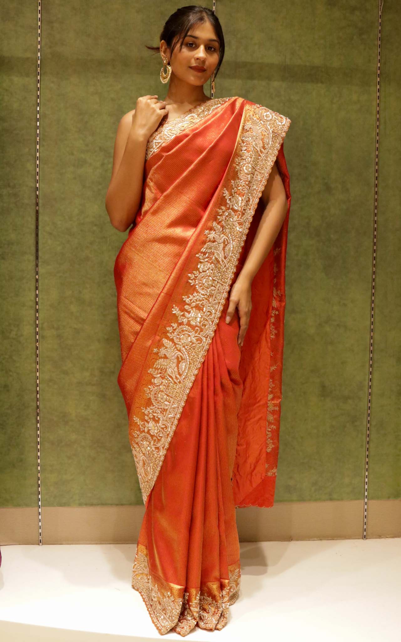 Reddish Orange Kanjivaram Silk Saree with Zardosi & Bead Work Border