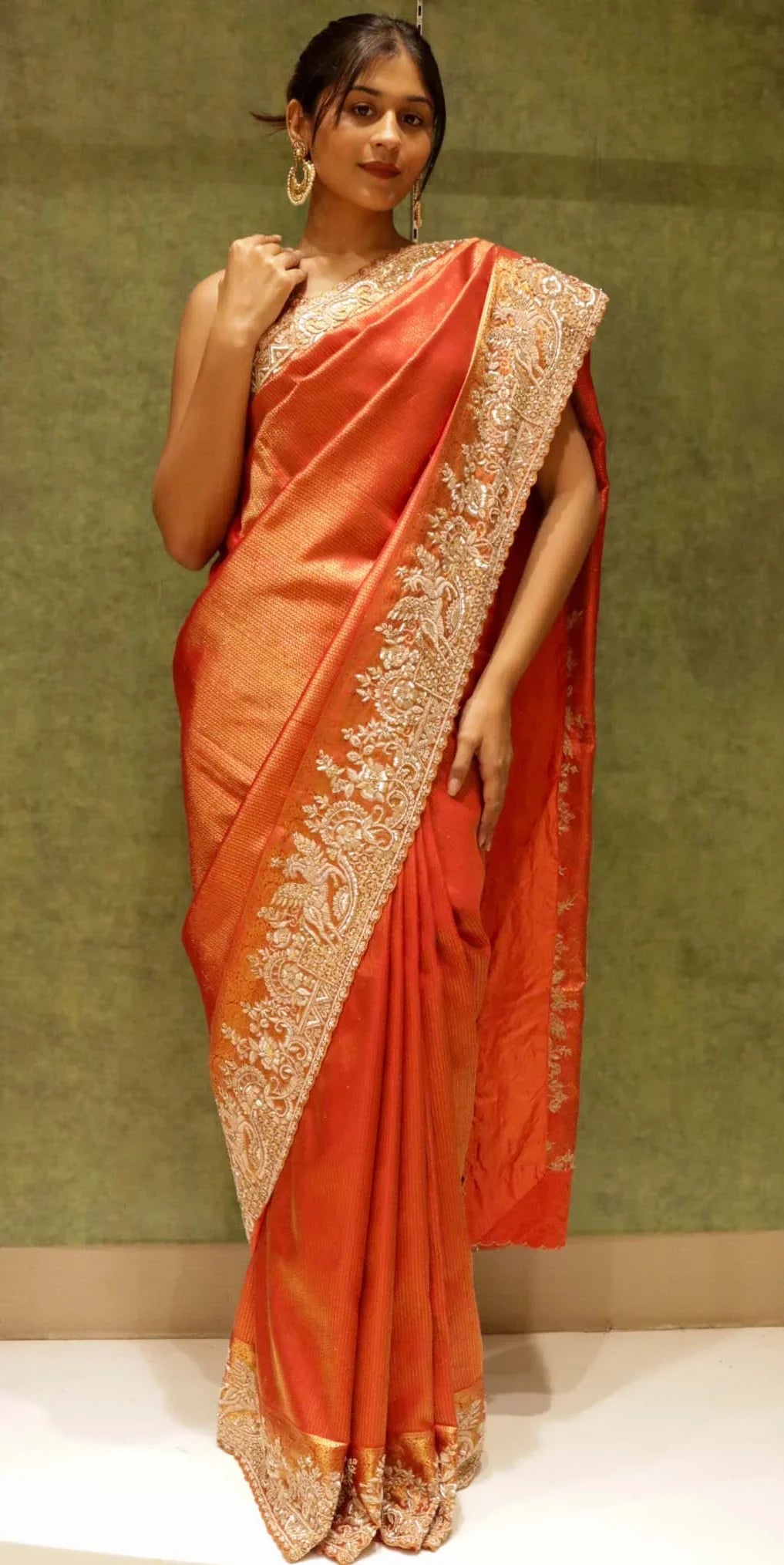 Reddish Orange Kanjivaram Silk Saree with Zardosi & Bead Work Border | Mokshaa