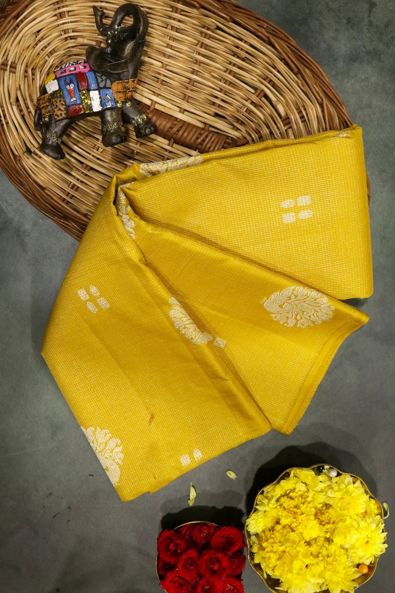 Yellow Kanchipuram Silk Saree with Small Silver Zari Checks & Motifs | Mokshaa