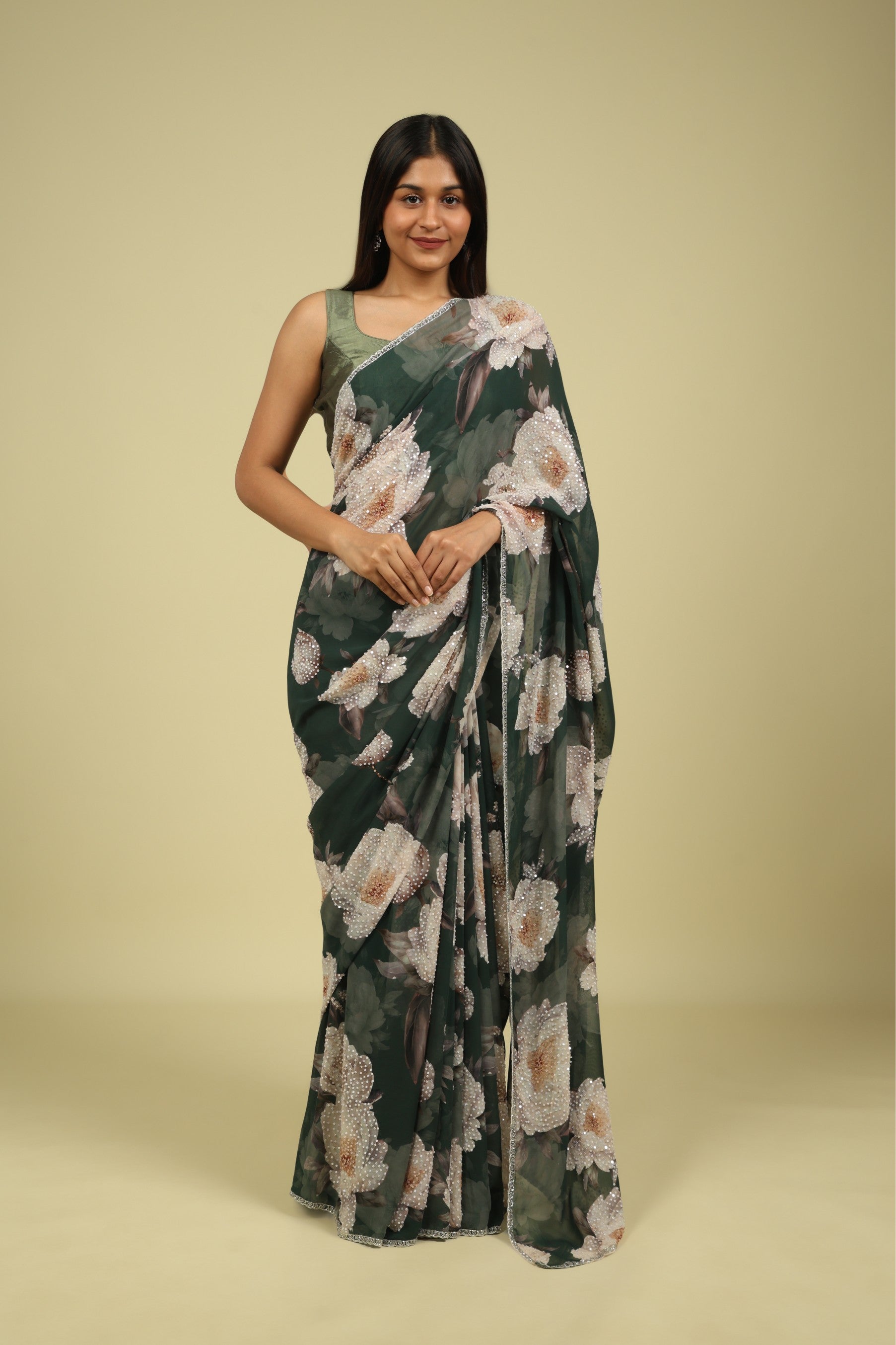 Dusty Green Saree with All-Over Digital Print & Sequin Highlights