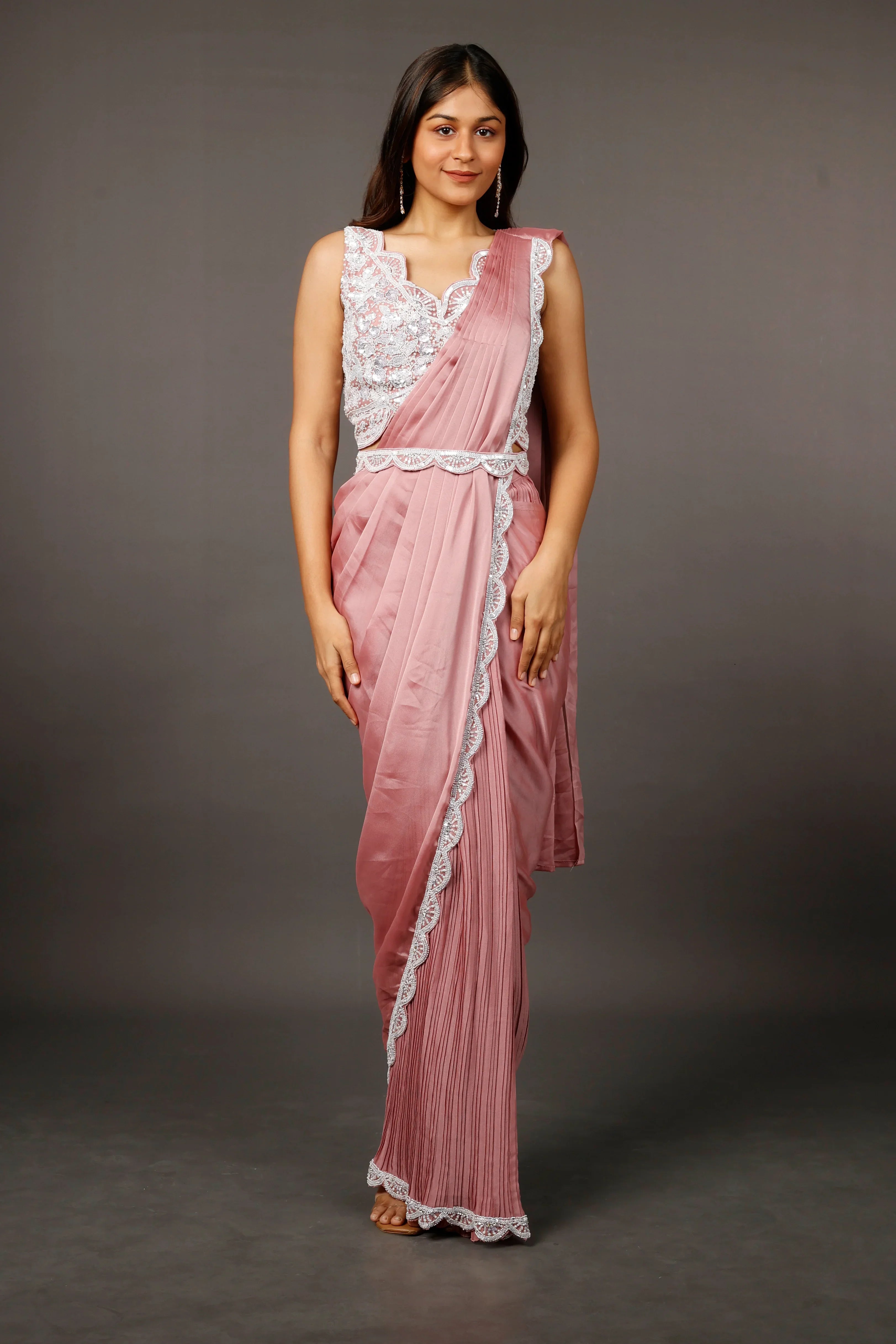 Coral Chinon Silk Drape Saree with Sequin, Pearl & Cutdana Embroidery | Mokshaa