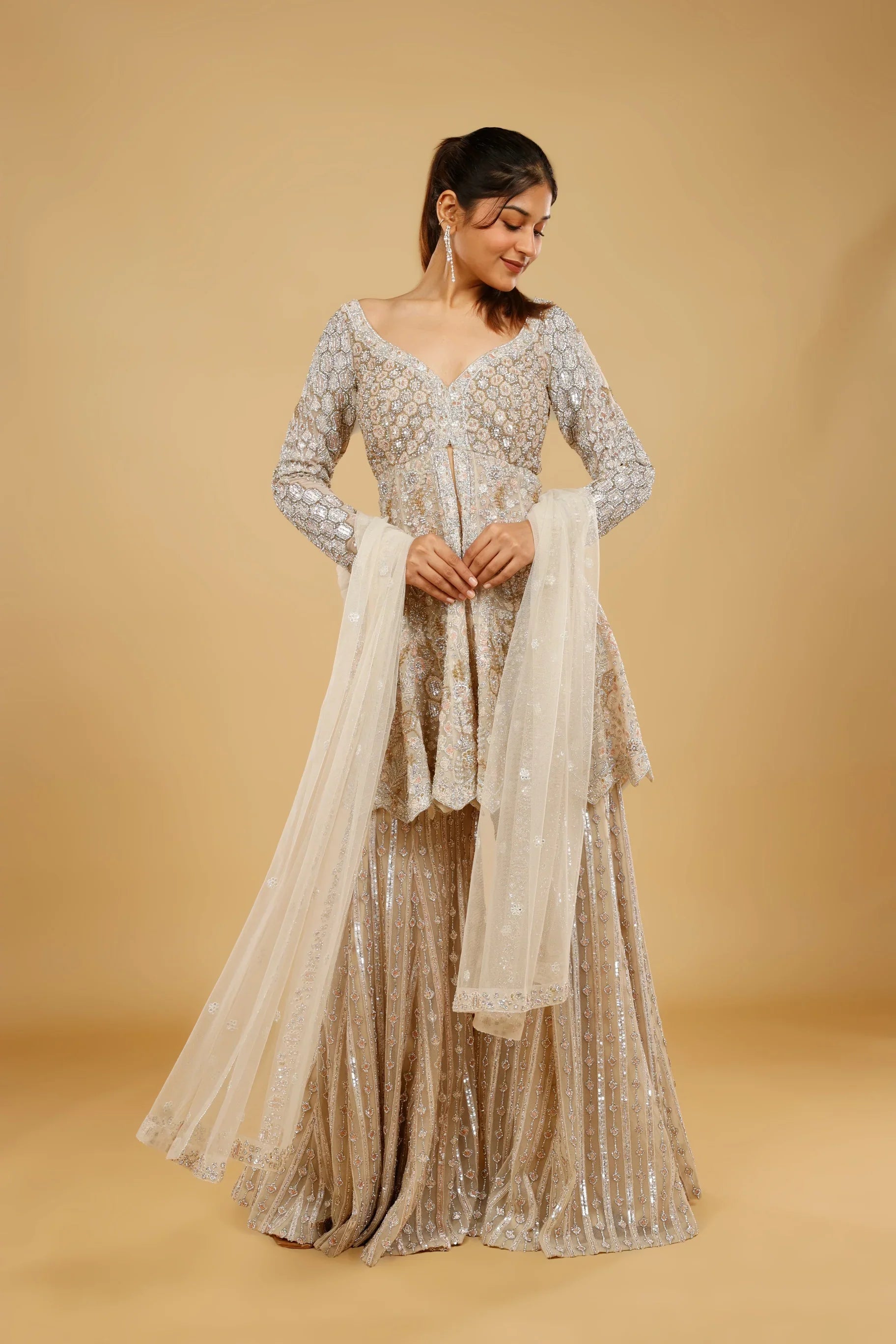 Ivory Net Sharara Set with Stone, Kundan & Sequin Embroidery