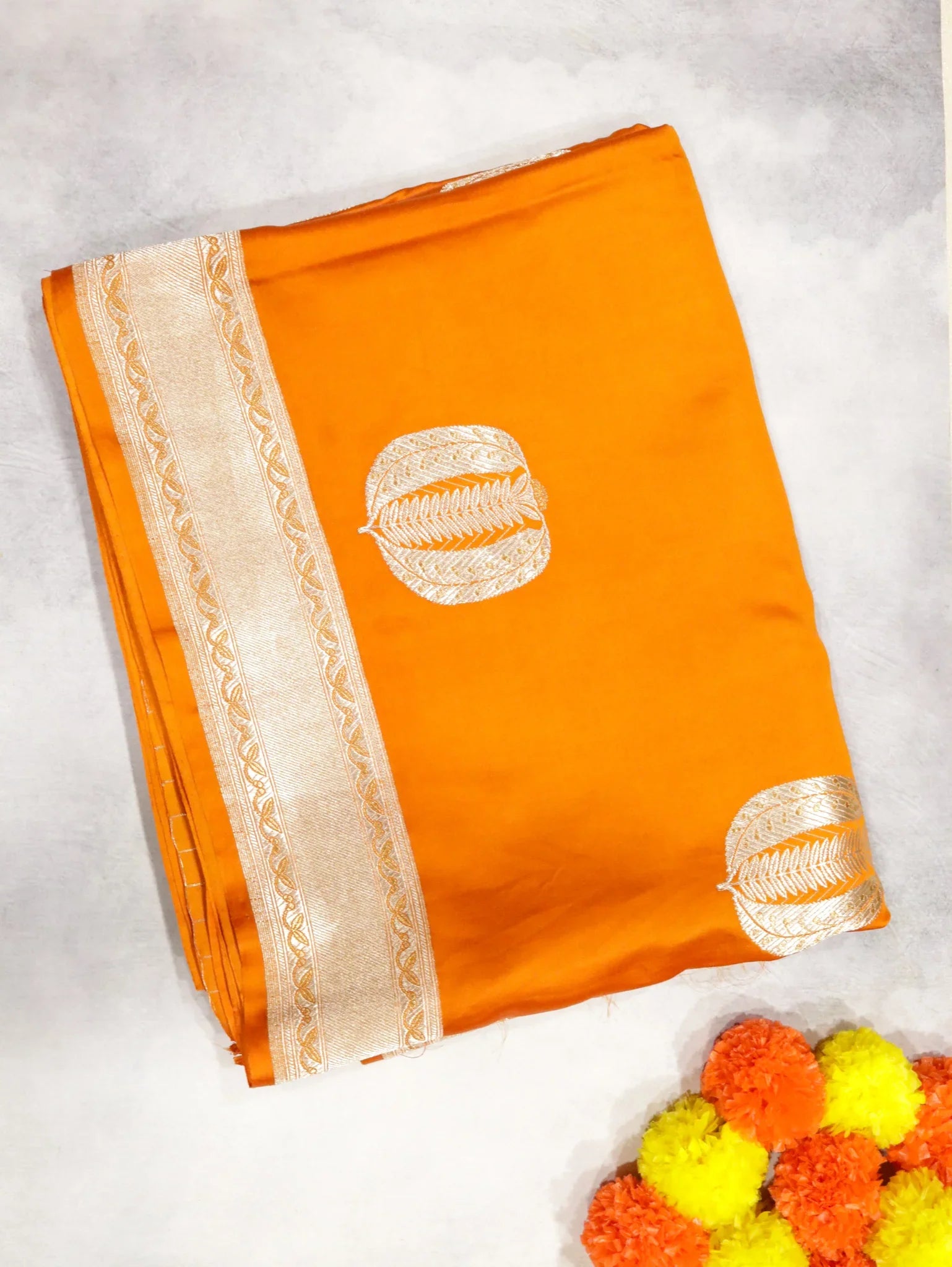 Orange Banarasi Mushroom Silk Saree with Silver Zari Motifs & Silver Zari Border | Mokshaa