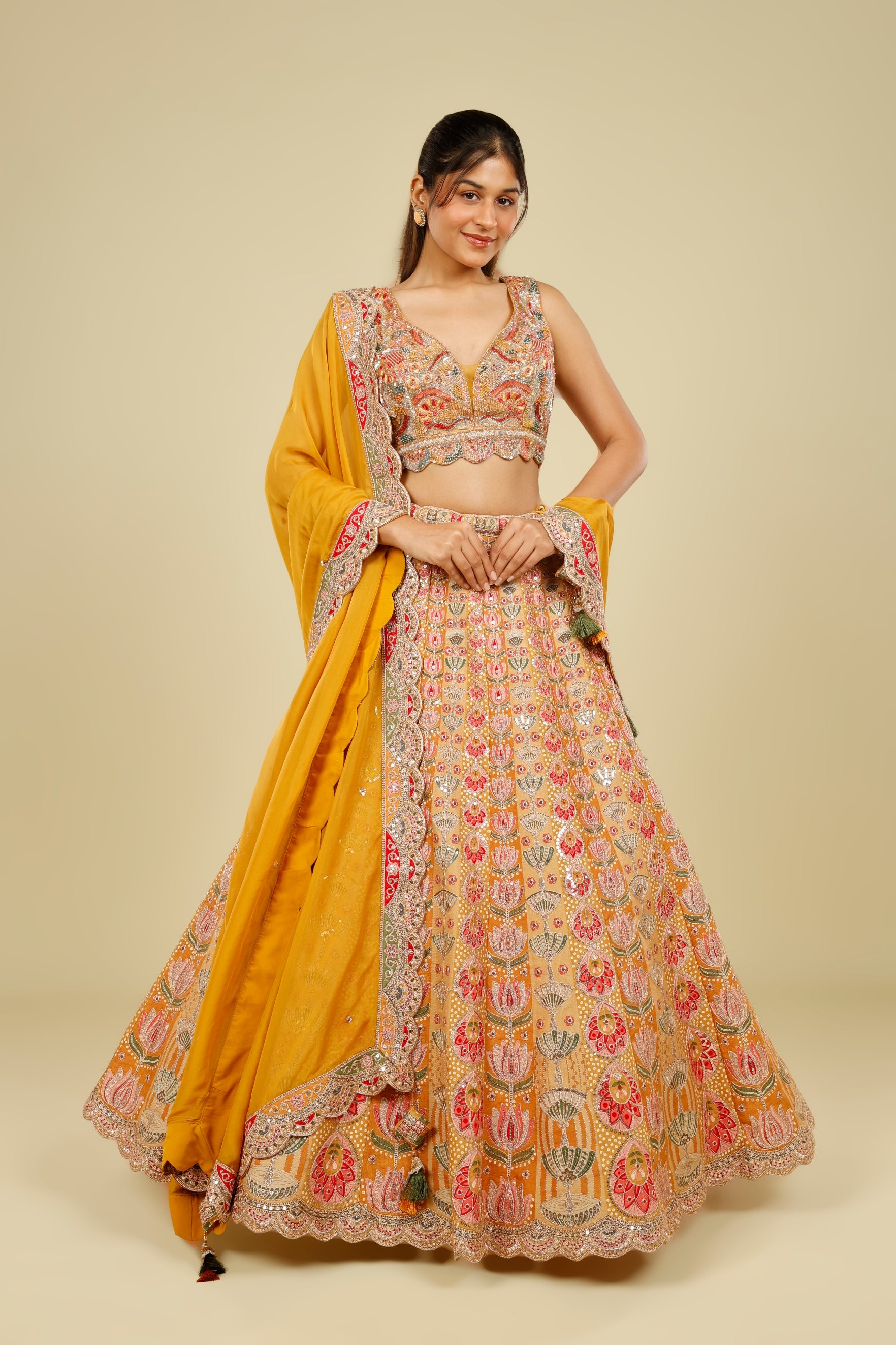 Yellow Printed Silk Lehenga Set with Zari & Sequin Embroidery