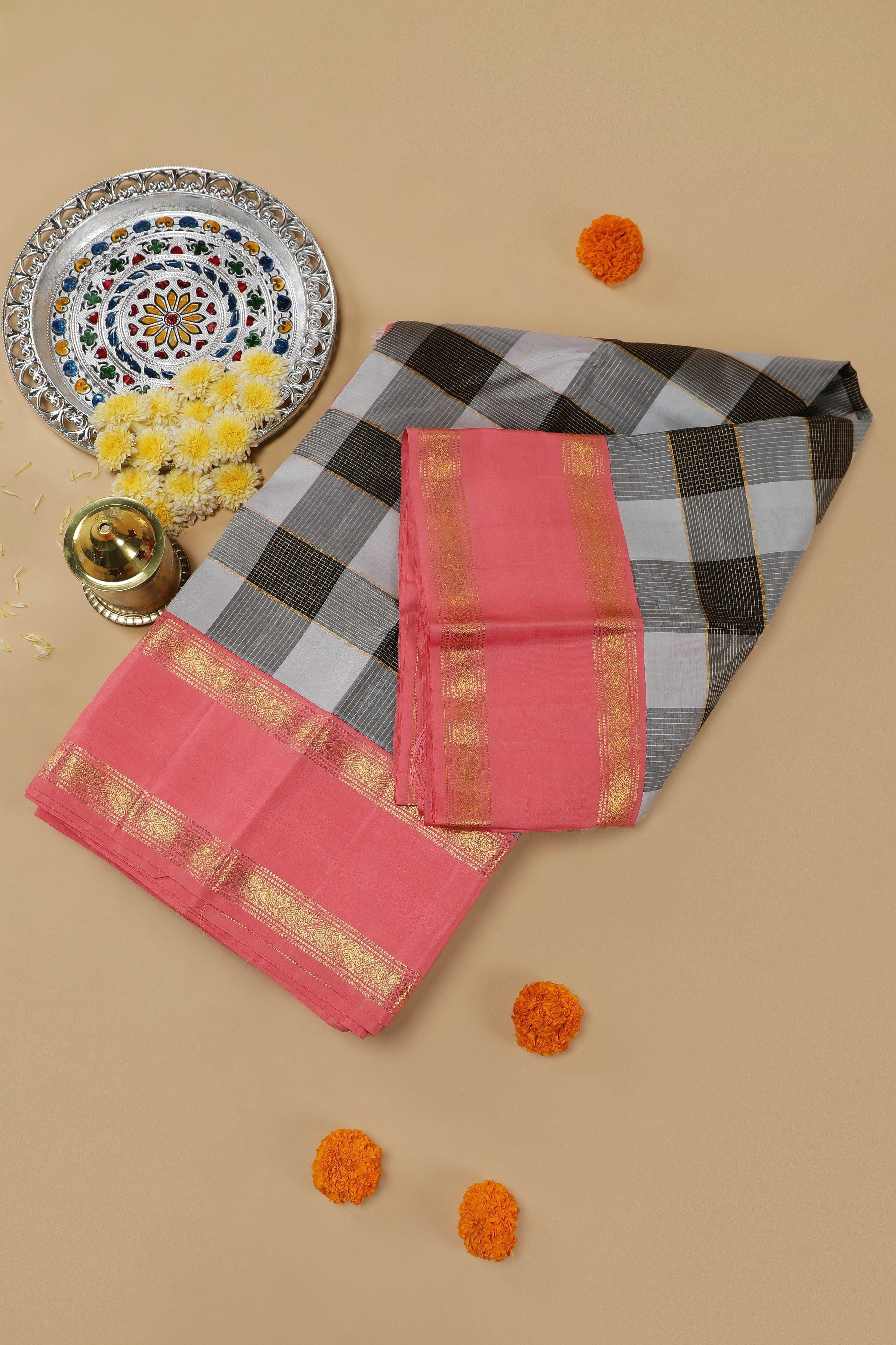 Checked Kanchipuram Silk Saree With Pink Border Mokshaa