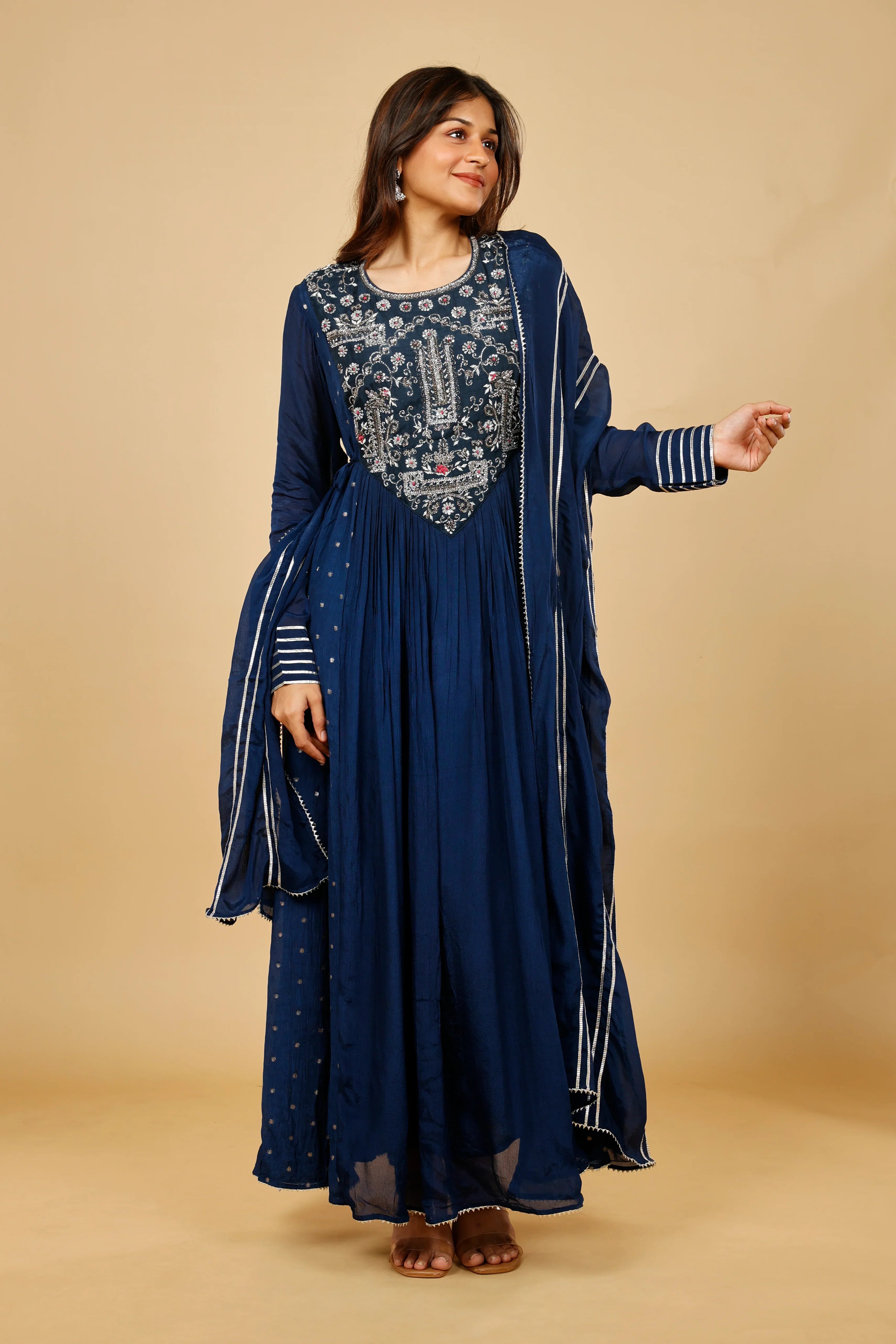Midnight Blue Silk Anarkali Set with Gota & Kutdana Embroidery | Mokshaa