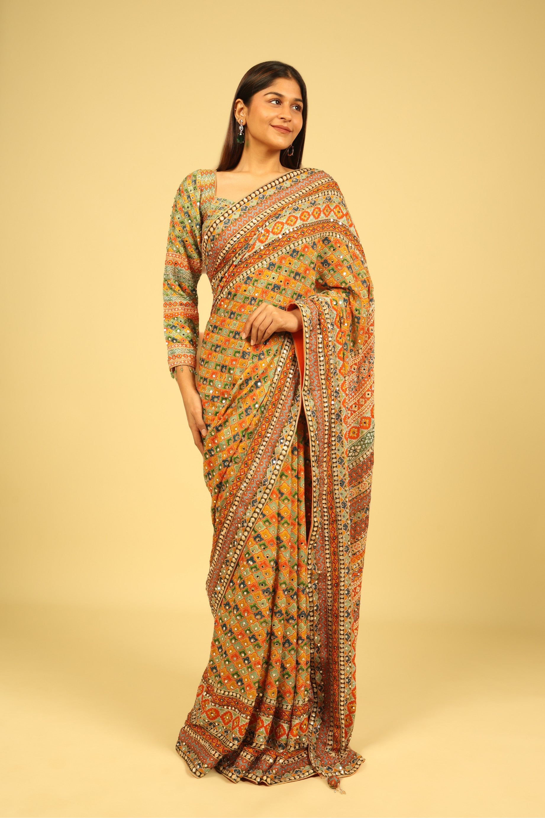 Multicolour Soft Georgette Saree with Digital Print, Sequin & Mirror Highlights