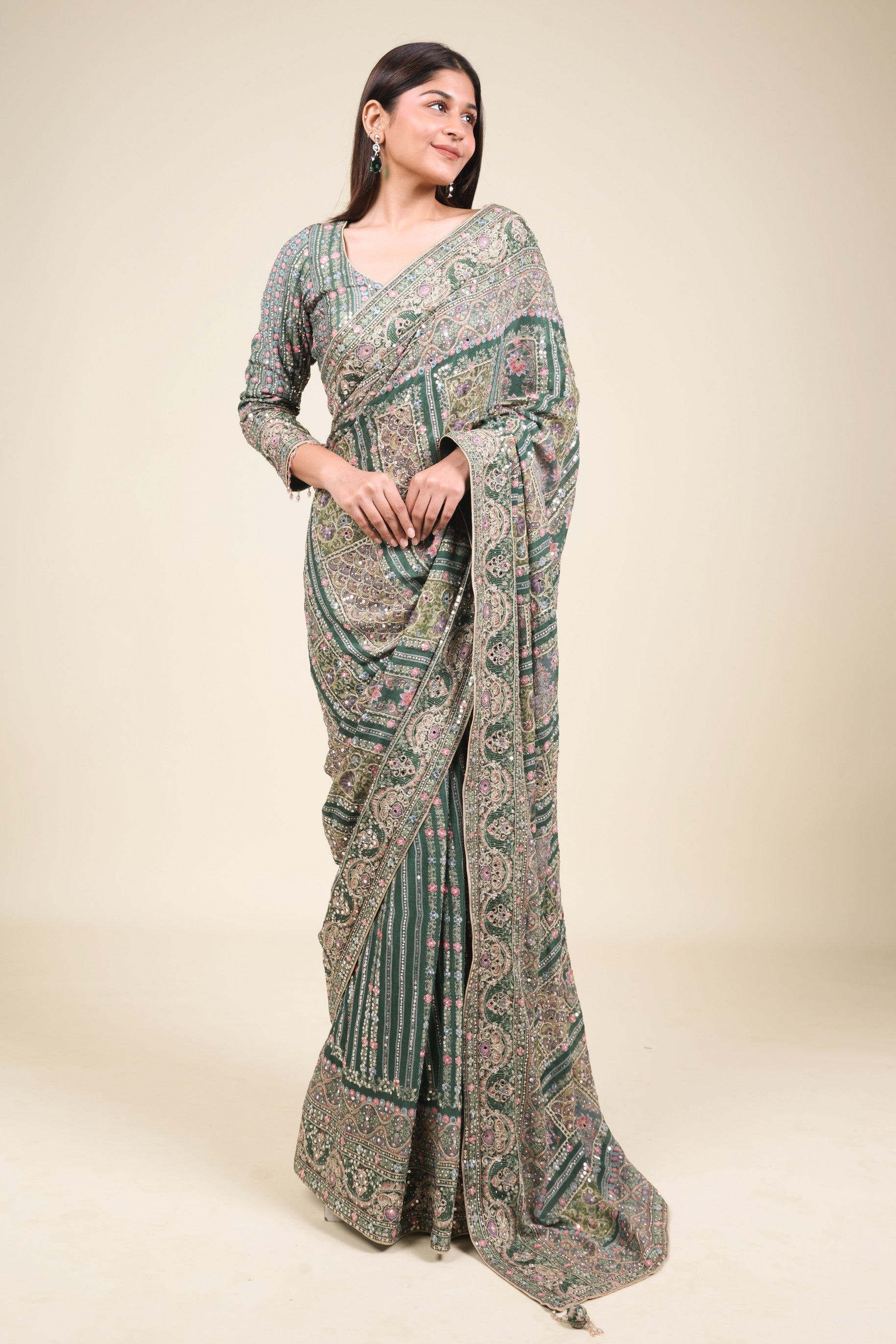 Emerald Green Soft Georgette Saree with Digital Print, Sequin & Mirror Highlights