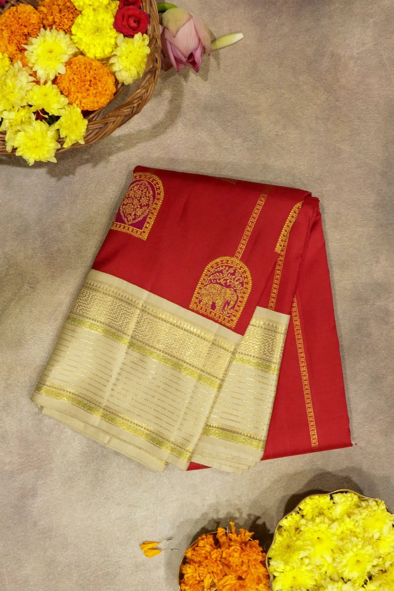 Maroon Kanchipuram Silk Saree with Zari Stripes, Motifs & Contrast Zari Border | Mokshaa