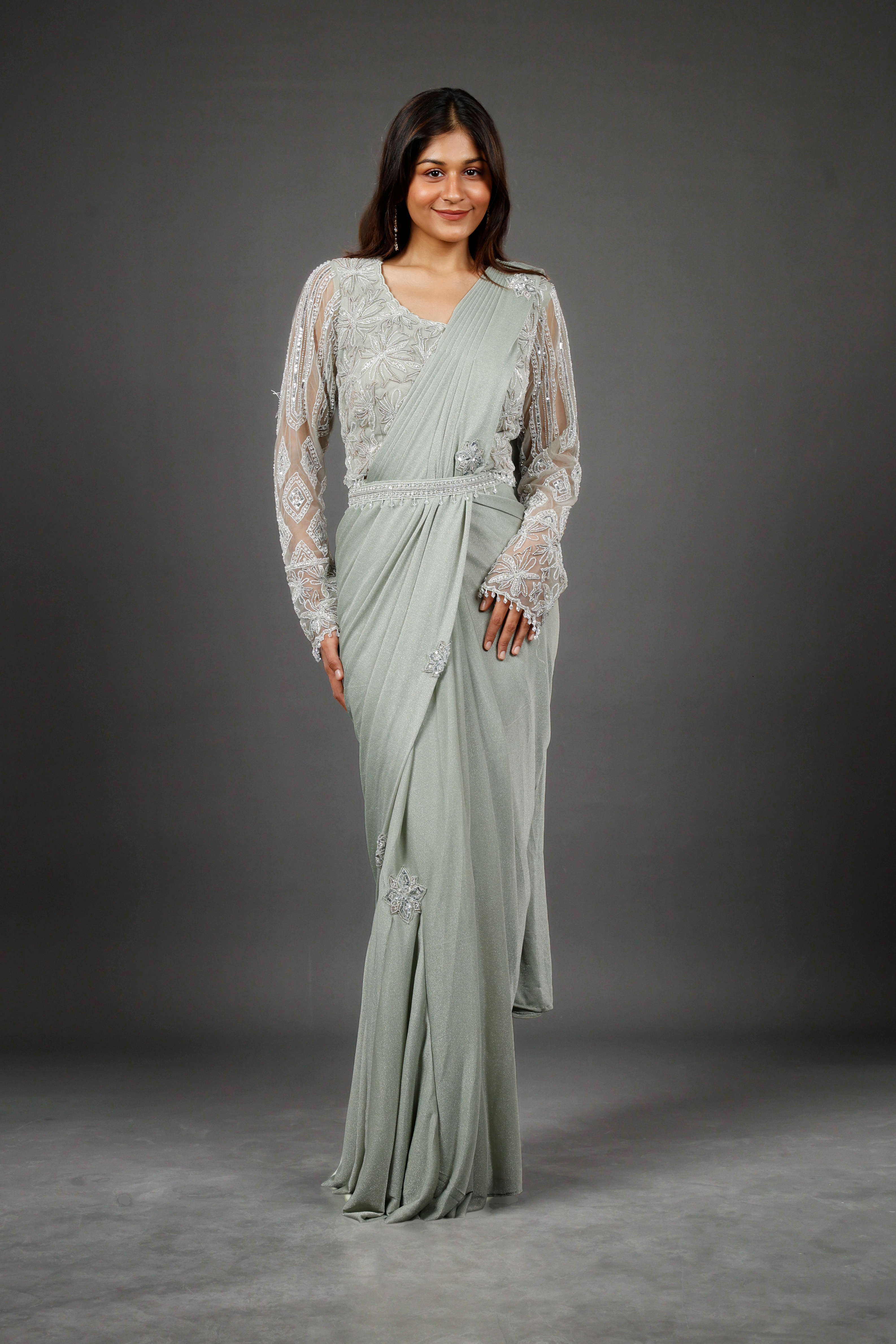 Sage Green Shimmer Drape Saree with Kutdana & Pearl Embroidery