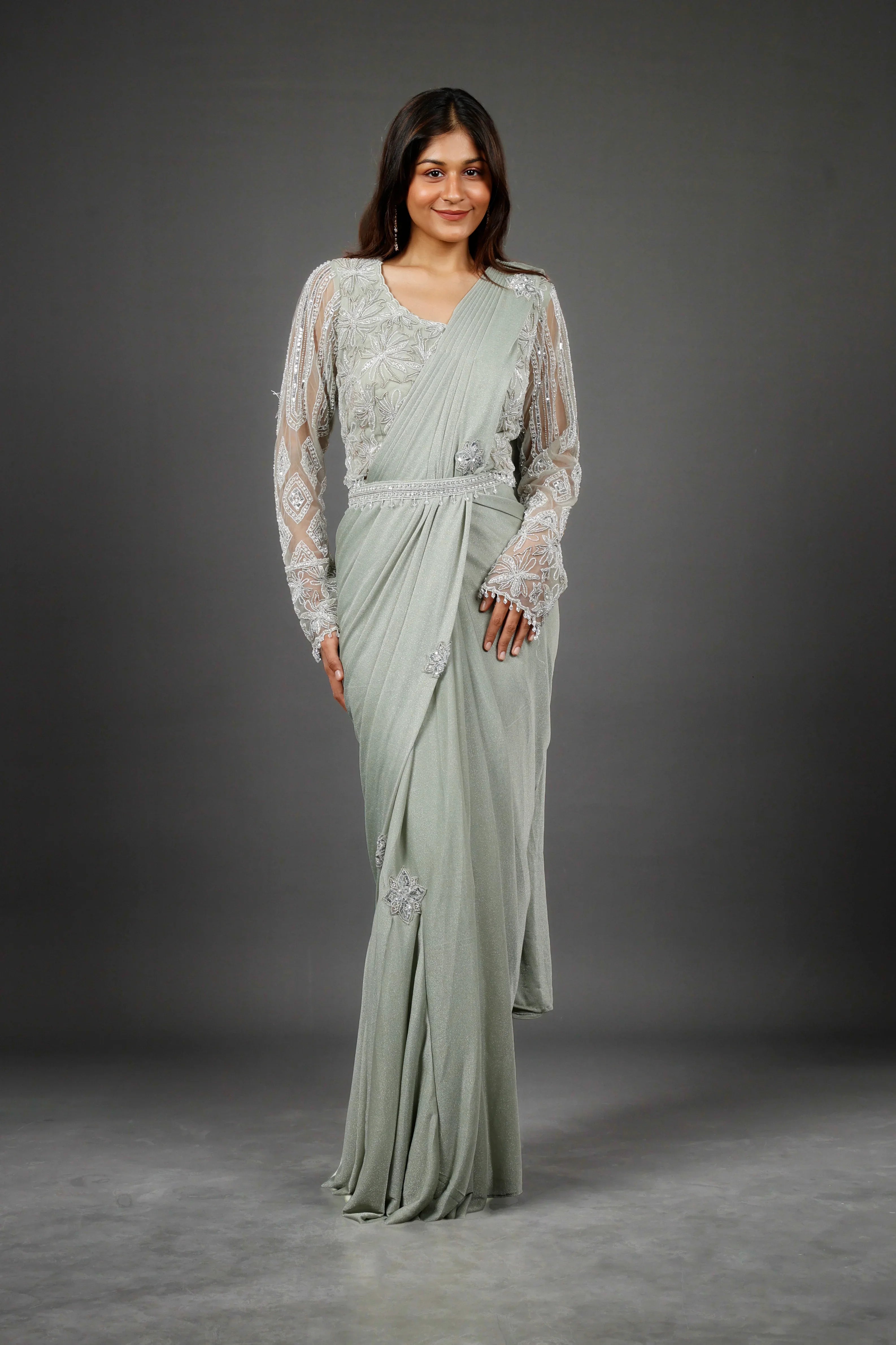 Sage Green Shimmer Drape Saree with Kutdana & Pearl Embroidery | Mokshaa