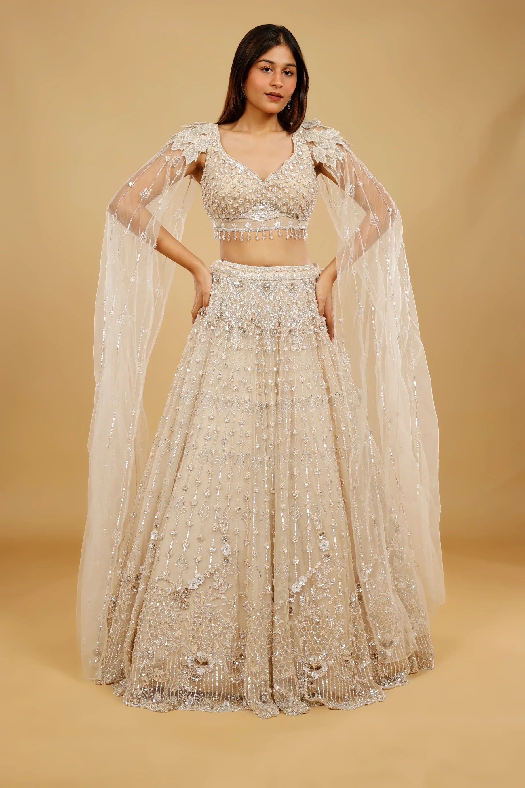 Beige Gold Net Lehenga Set with Sequin, Cutdana & Stone Embroidery