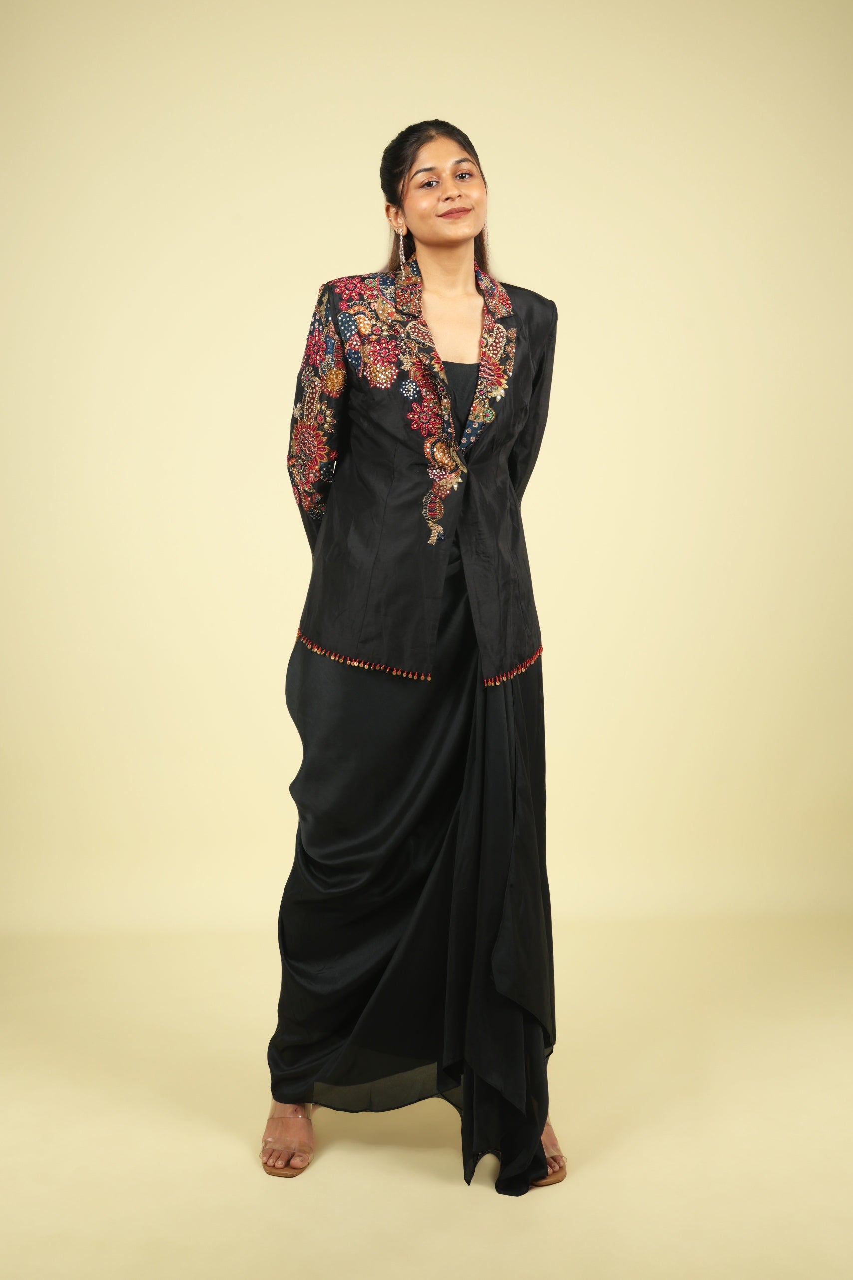 Black Silk Blazer & Draped Skirt Set with Pearl & Sequin Embroidery - Mokshaa
