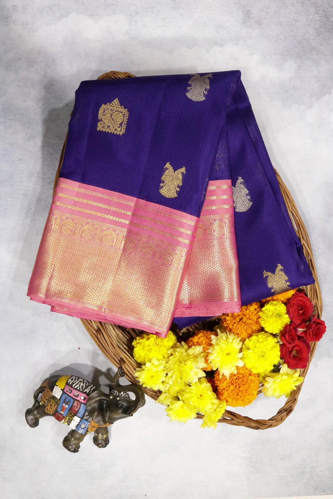 Royal Blue Kanchipuram Silk Saree with Silver & Gold Zari Motifs and Contrast Border | Mokshaa