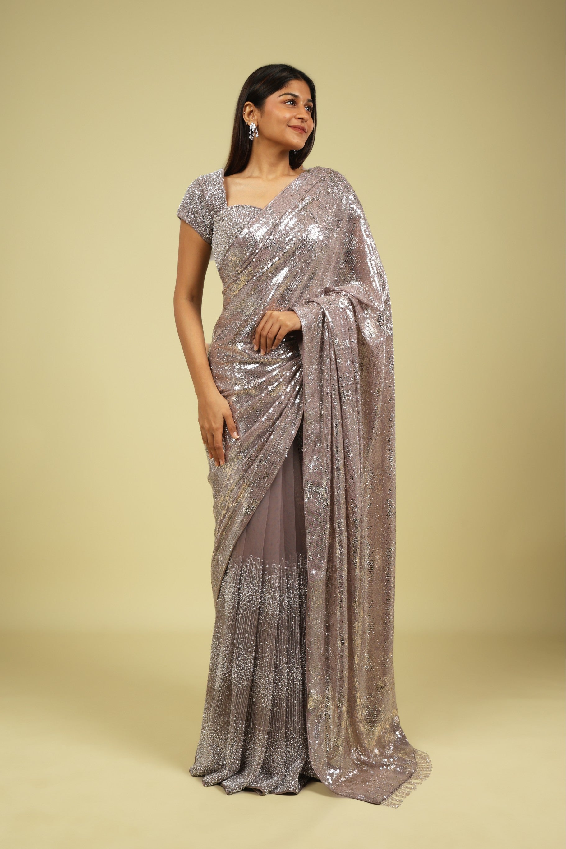 Lavender Half-and-Half Georgette & Net Saree with Sequin, Bead & Pearl Work