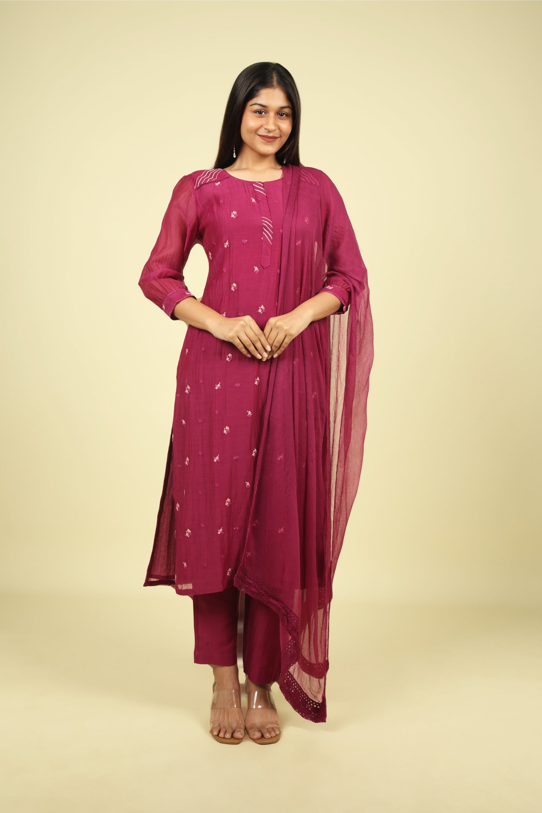 Magenta Mul Chanderi Straight Cut Salwar Set with Chiffon Dupatta