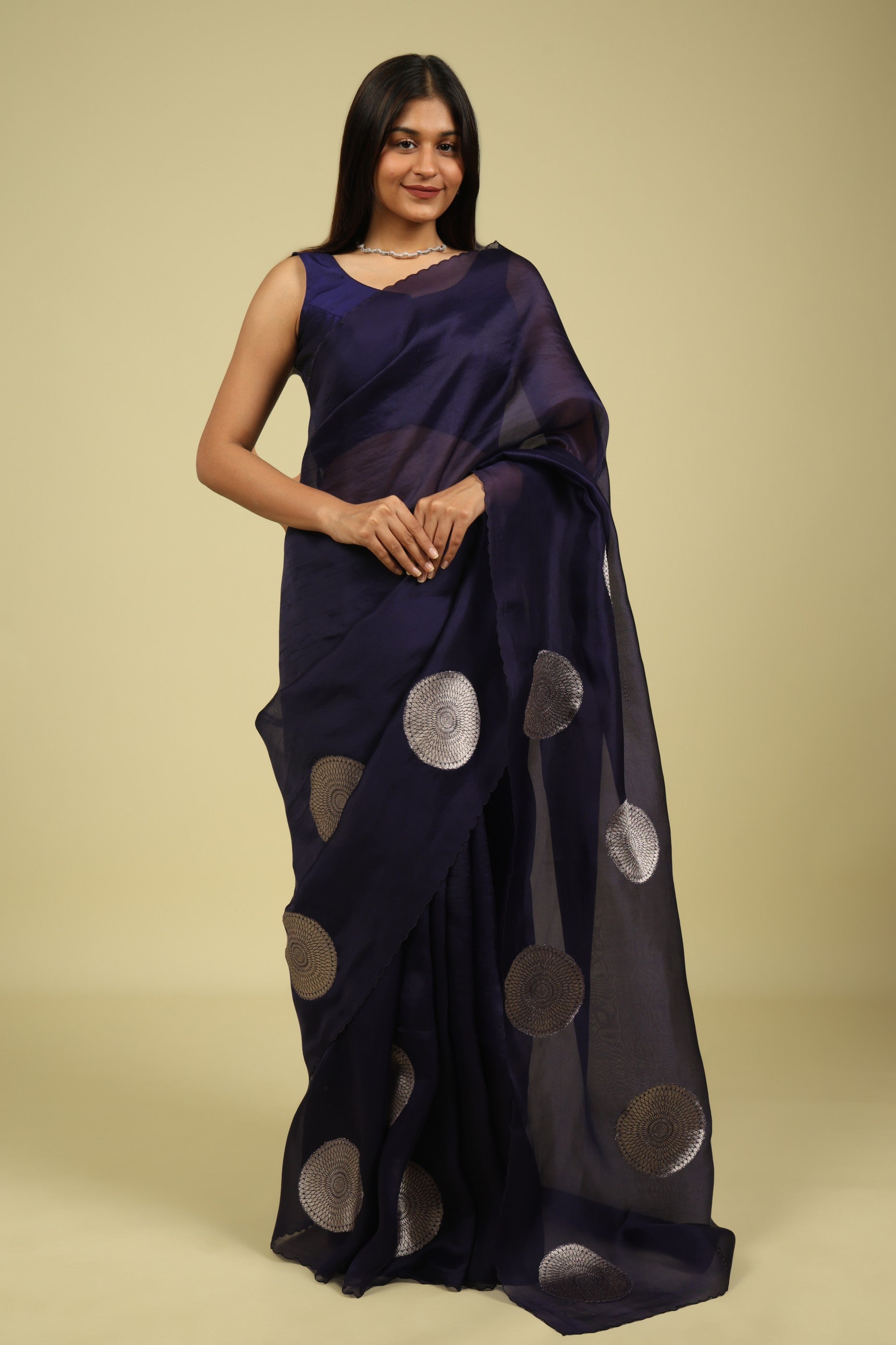 Navy Blue Organza Saree with Zari Appliqué Motifs