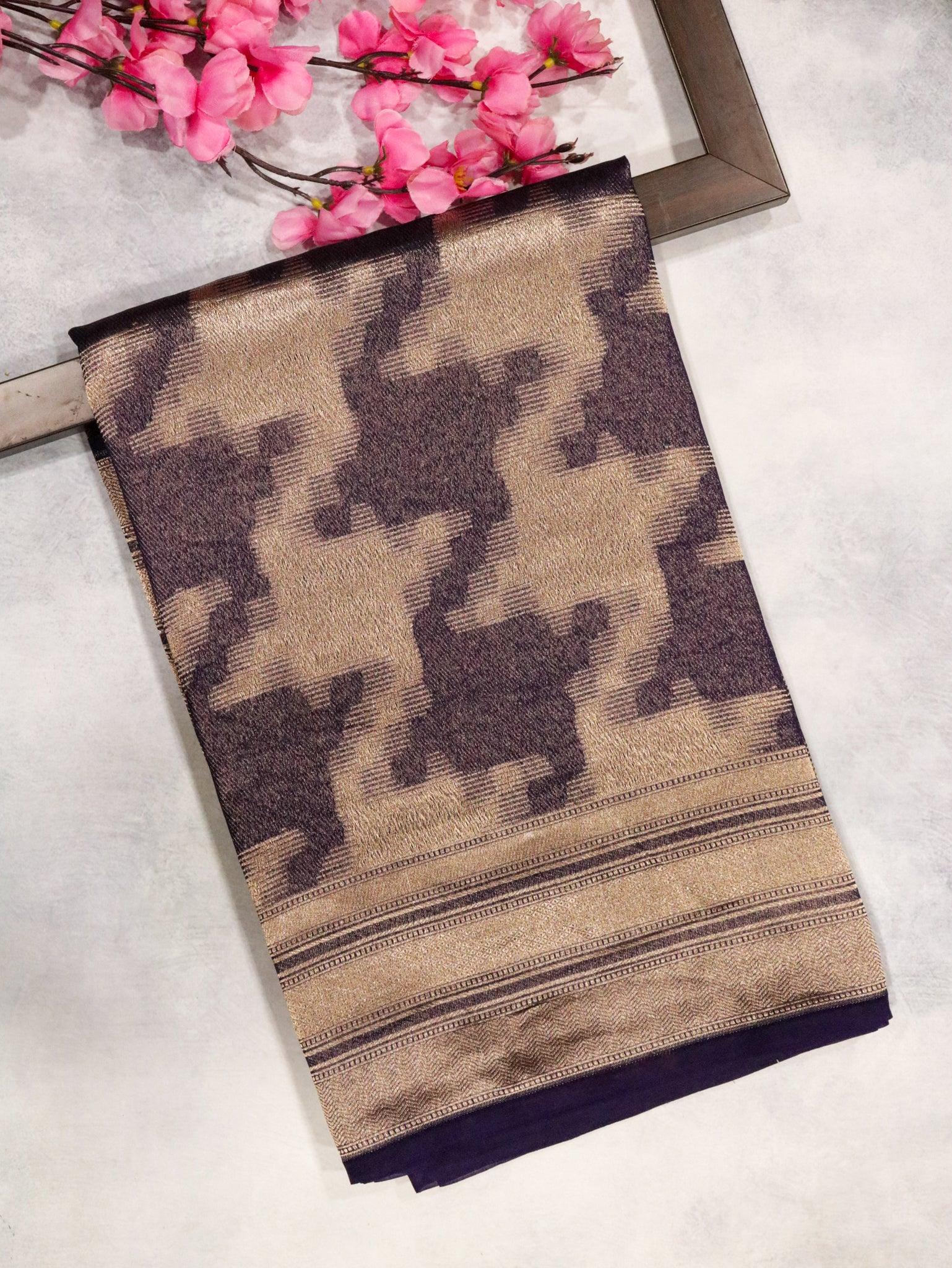 Violet Blue Banarasi Kora Silk Saree with Geometrical Zari Weaving | Mokshaa