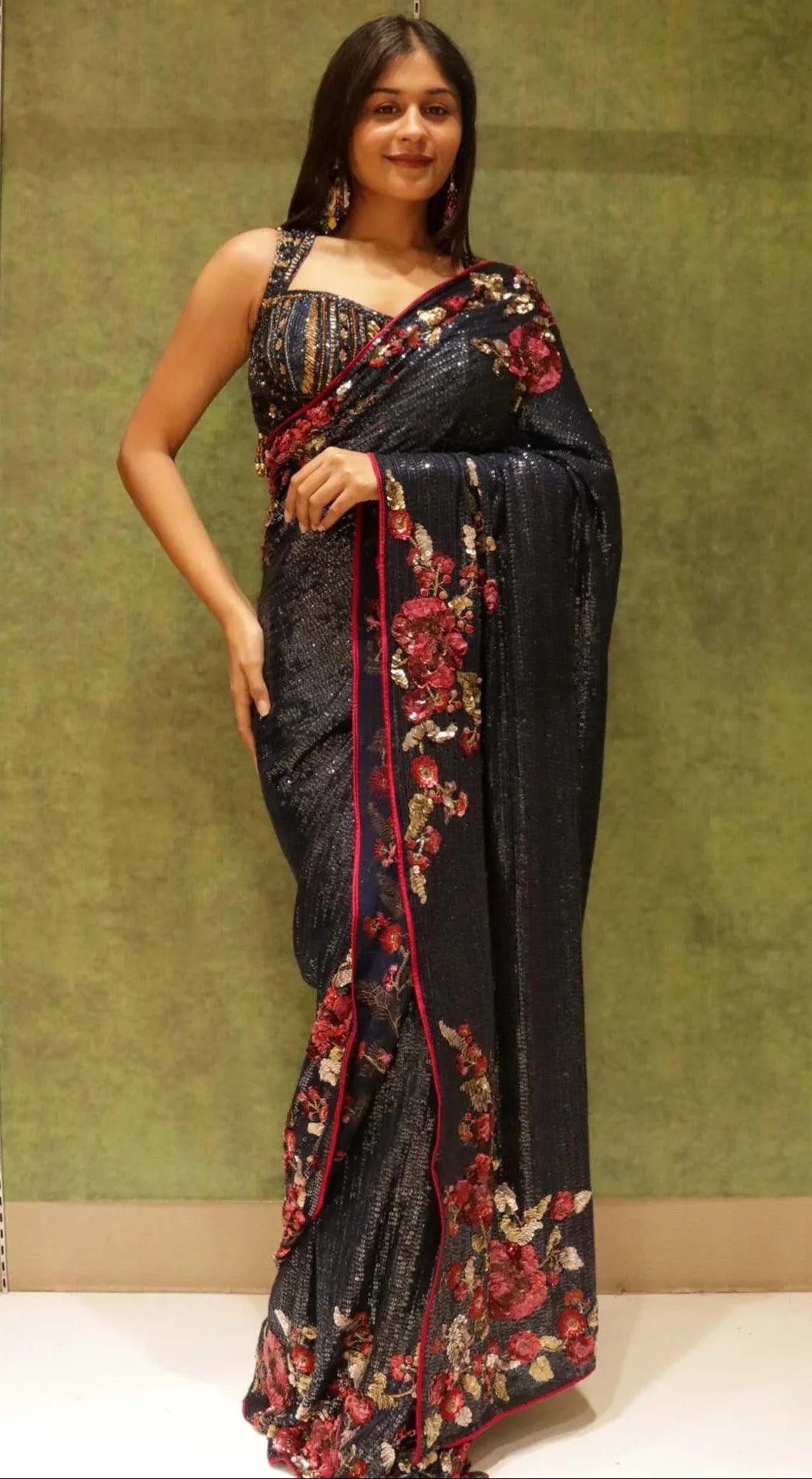 Navy Blue Georgette Saree with All-Over Sequins & Multicolour Sequin Border | Mokshaa