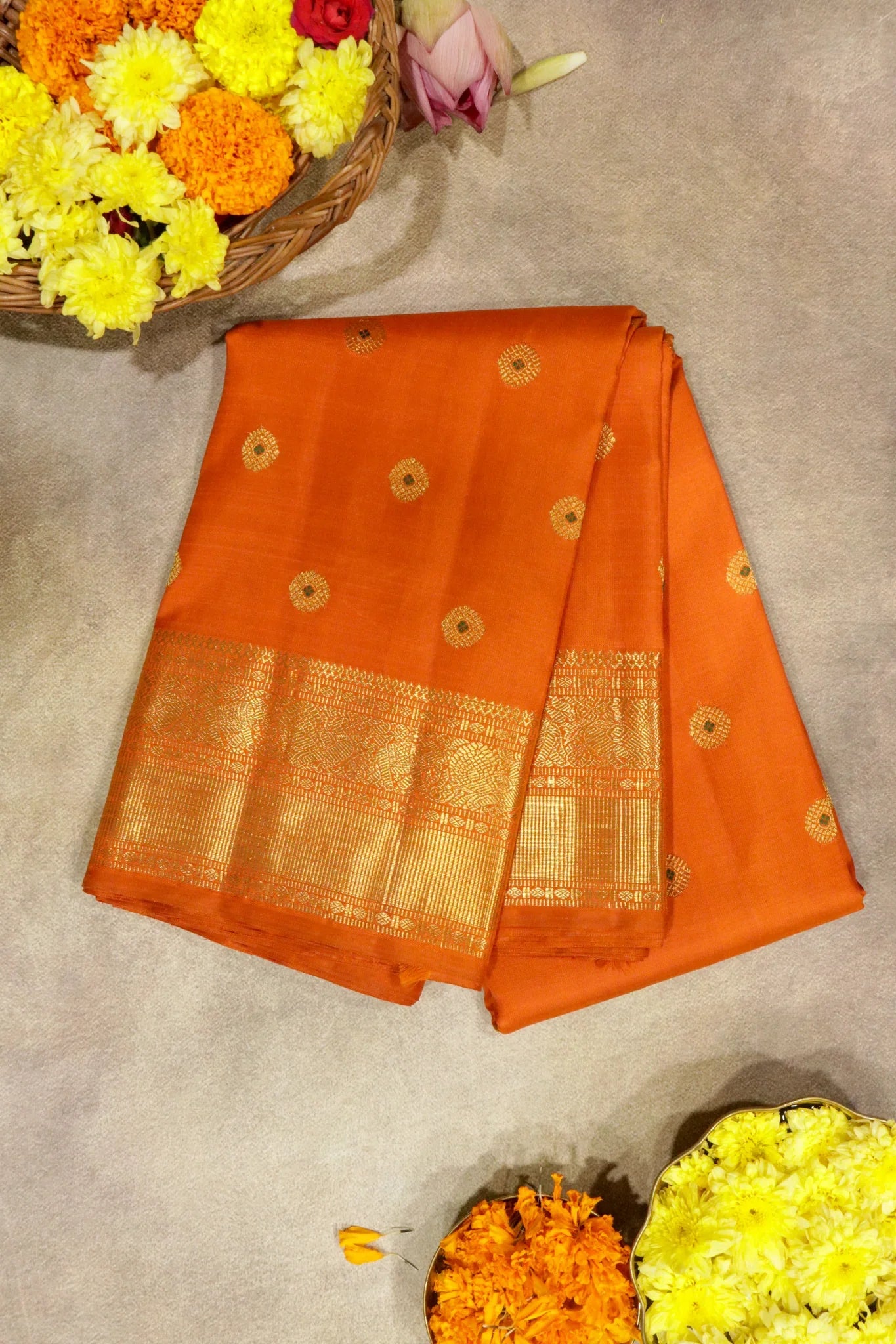Orange Kanchipuram Silk Saree with All-Over Motifs and Zari Border | Mokshaa