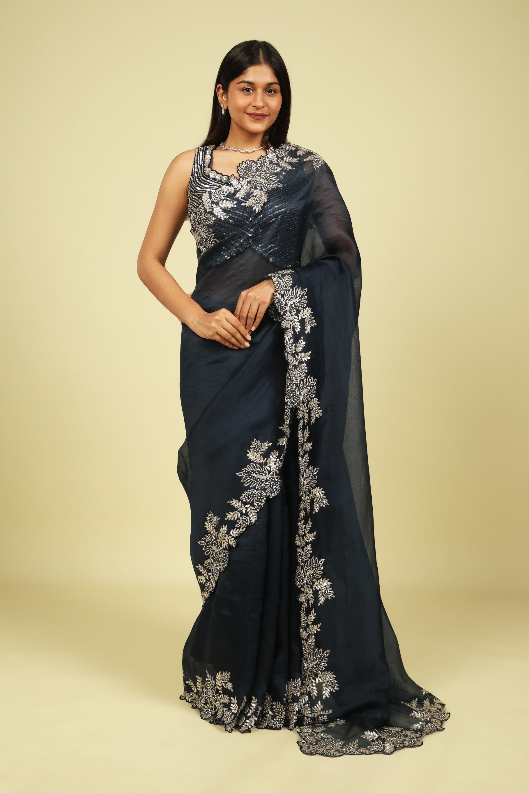 Navy Blue Organza Saree with Aari Beads, Sequins & Fancy Cut Border