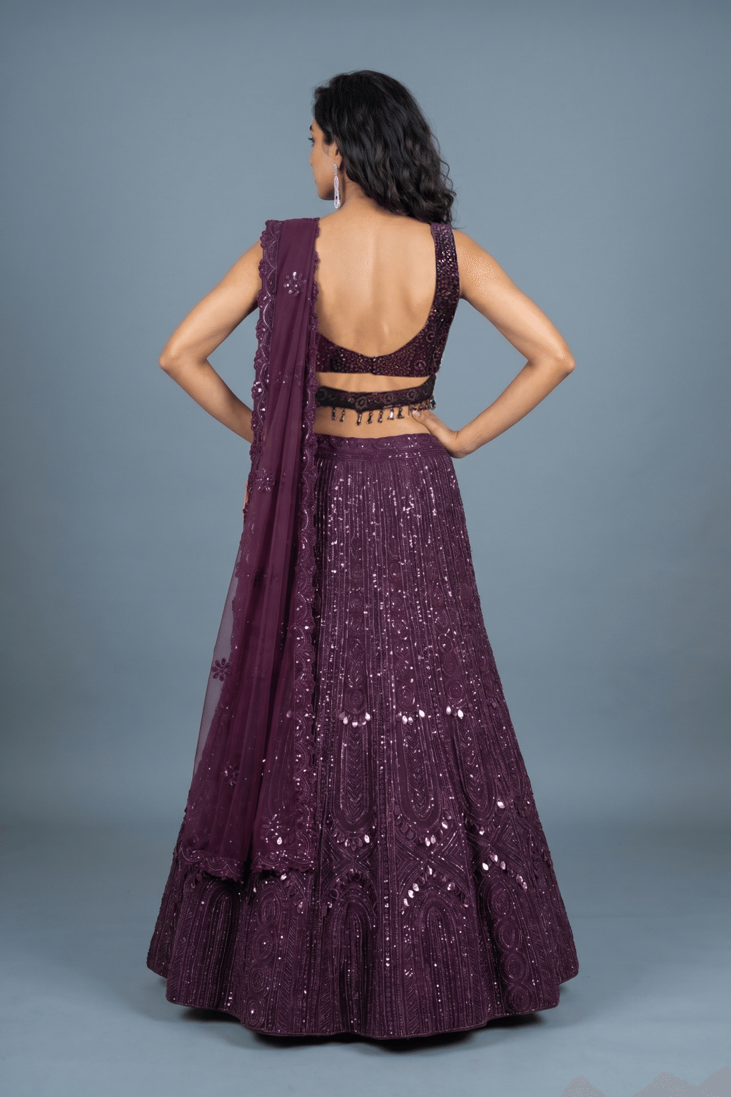 Wine Net Lehenga with Beads & Sequins Embroidery and Net Dupatta