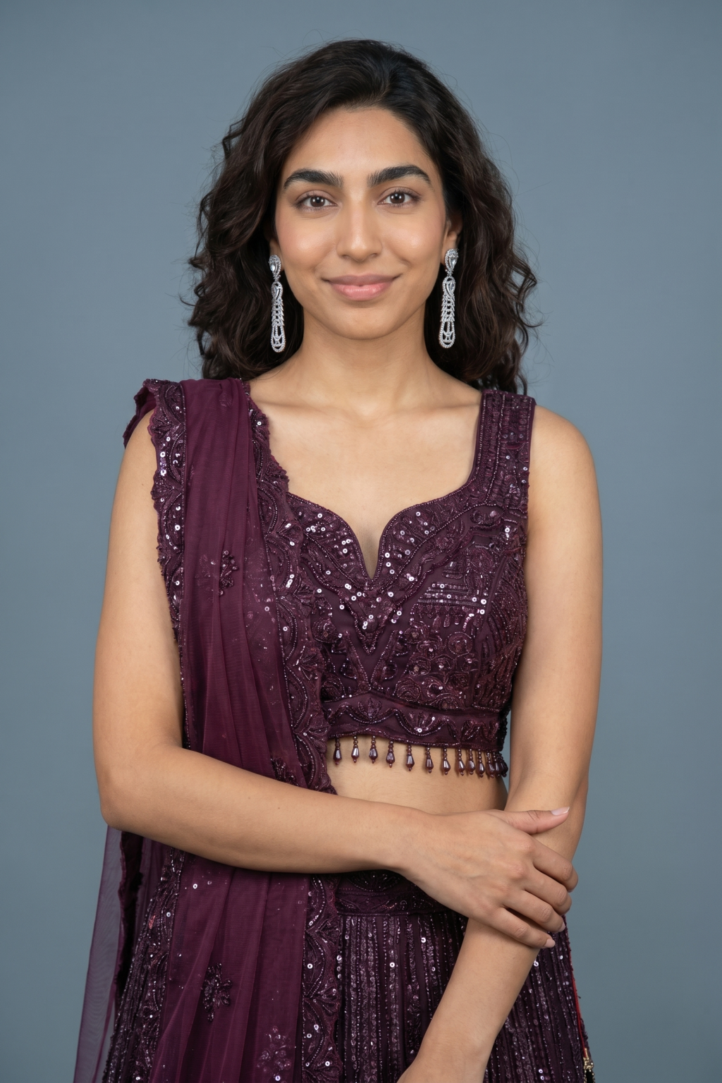 Wine Net Lehenga with Beads & Sequins Embroidery and Net Dupatta