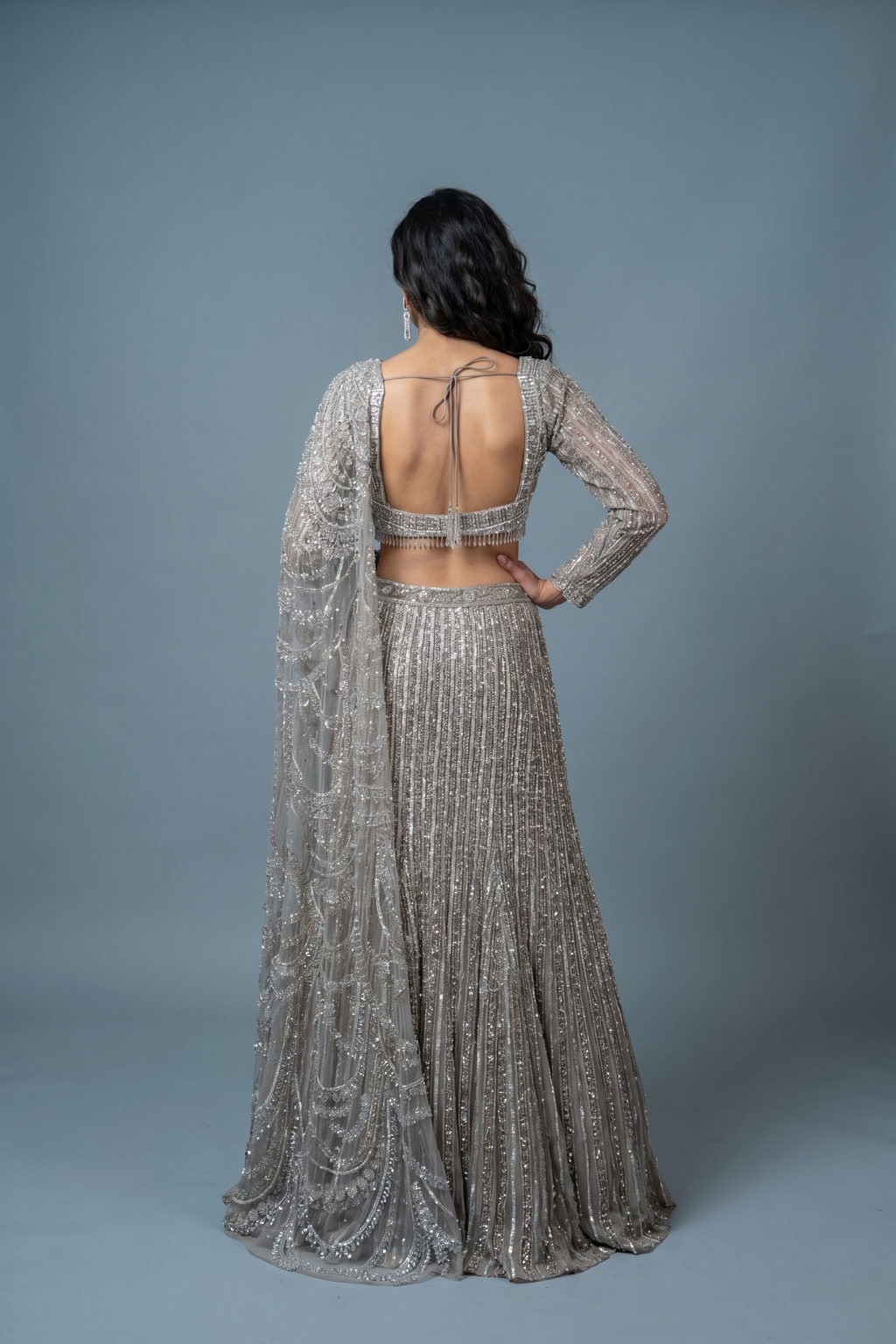 Grey Net Lehenga Saree with Stone, Pearl, Sequins & Zari Embroidery