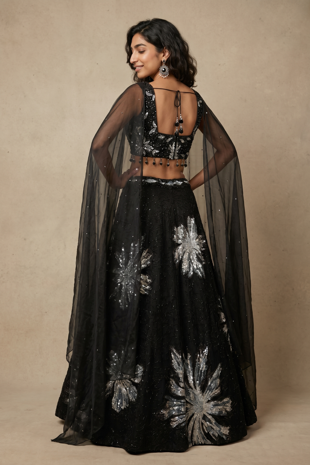 Black Net Lehenga with Corset Blouse, Sequins, Beads & Cutdana Embroidery