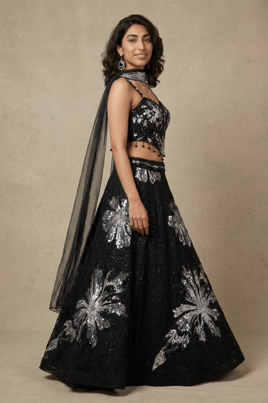 Black Net Lehenga with Corset Blouse, Sequins, Beads & Cutdana Embroidery
