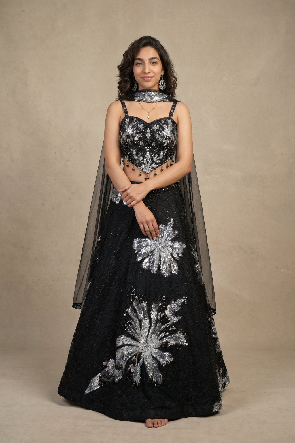 Black Net Lehenga with Corset Blouse, Sequins, Beads & Cutdana Embroidery