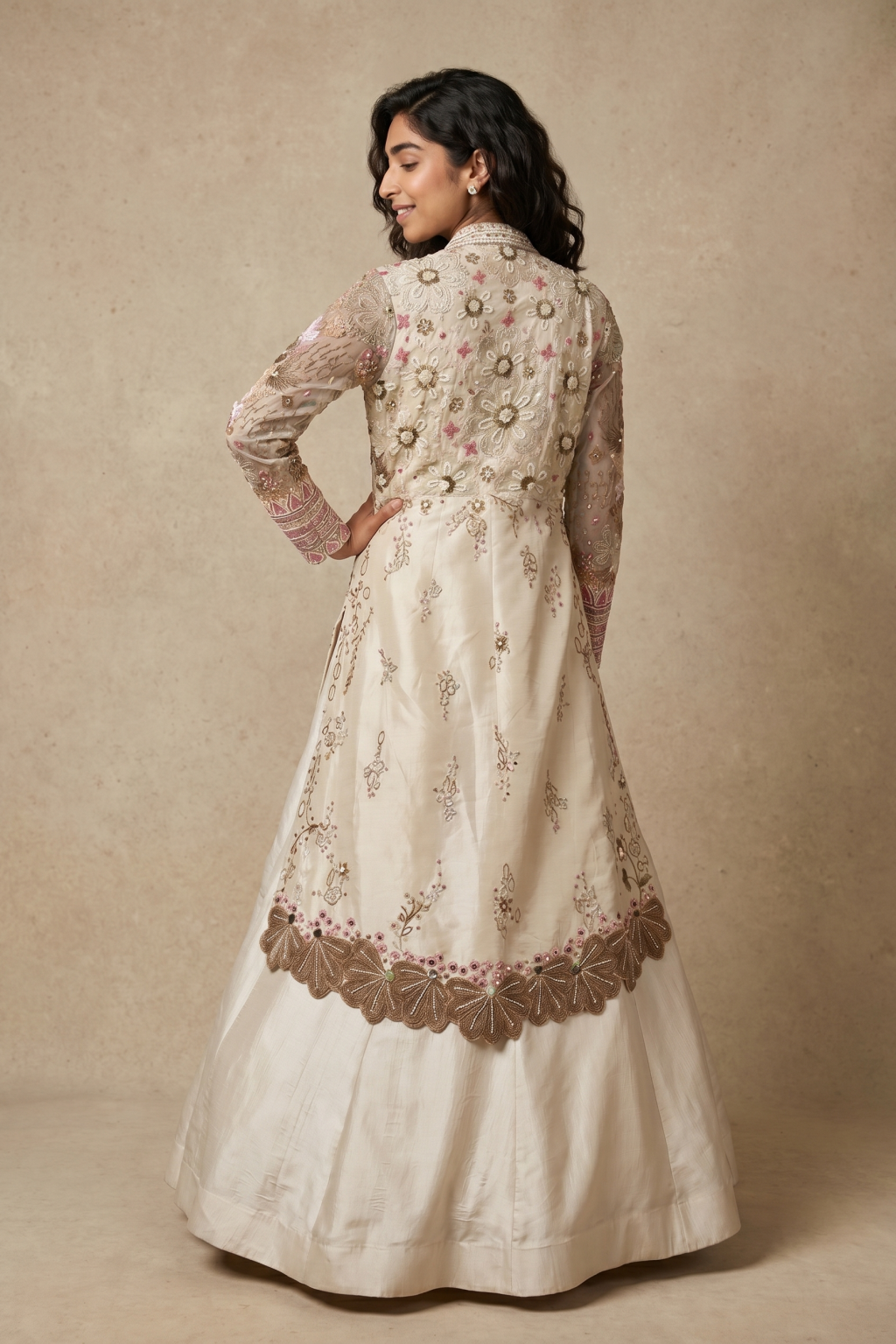Ivory Silk Indo-Western Ensemble with Floral Embroidery Jacket