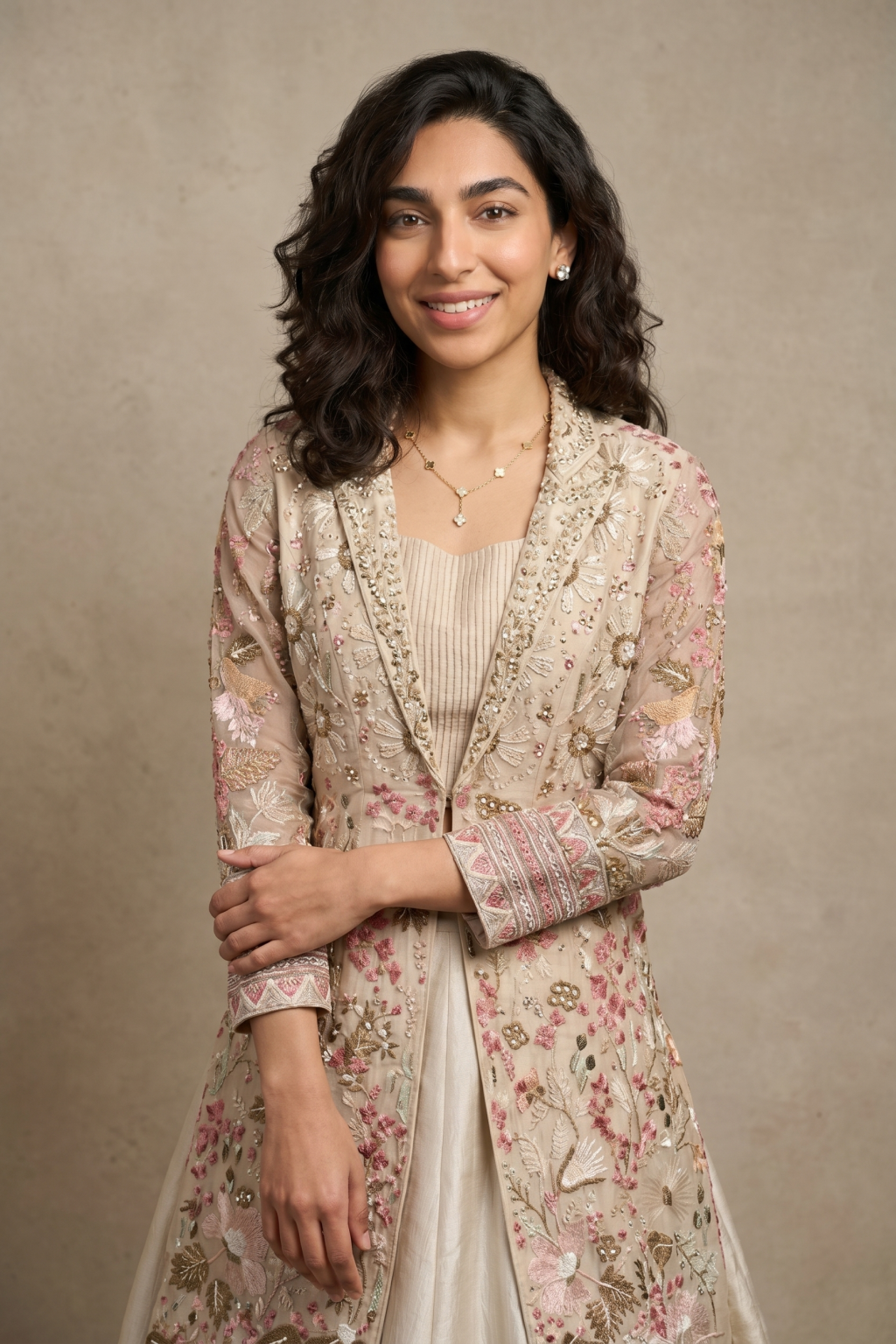 Ivory Silk Indo-Western Ensemble with Floral Embroidery Jacket