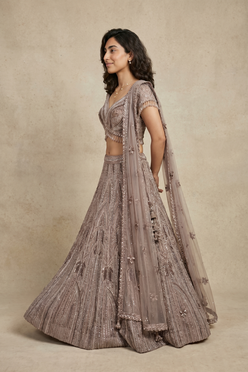 Mauve Net Lehenga Set