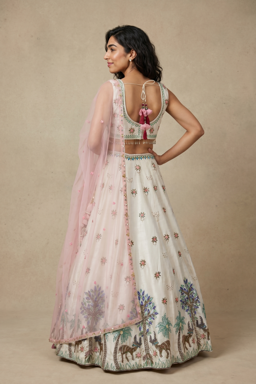 Off White Silk Lehenga with Pink Organza Dupatta