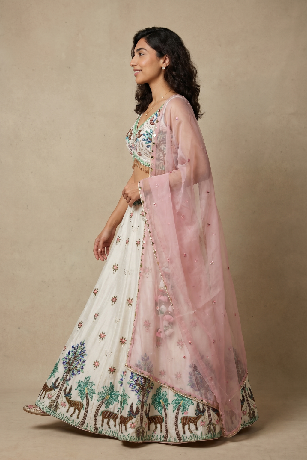 Off White Silk Lehenga with Pink Organza Dupatta