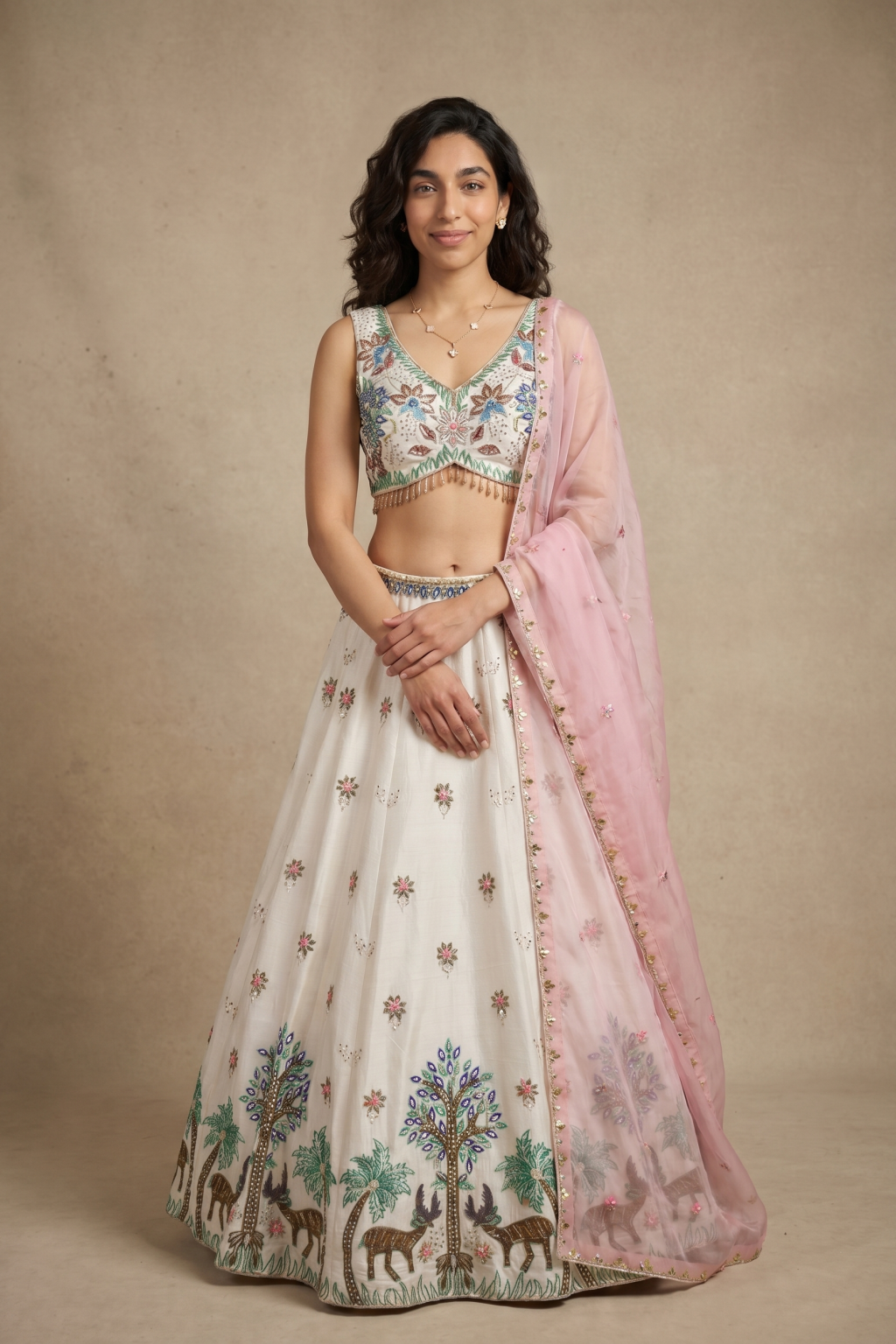 Off White Silk Lehenga with Pink Organza Dupatta